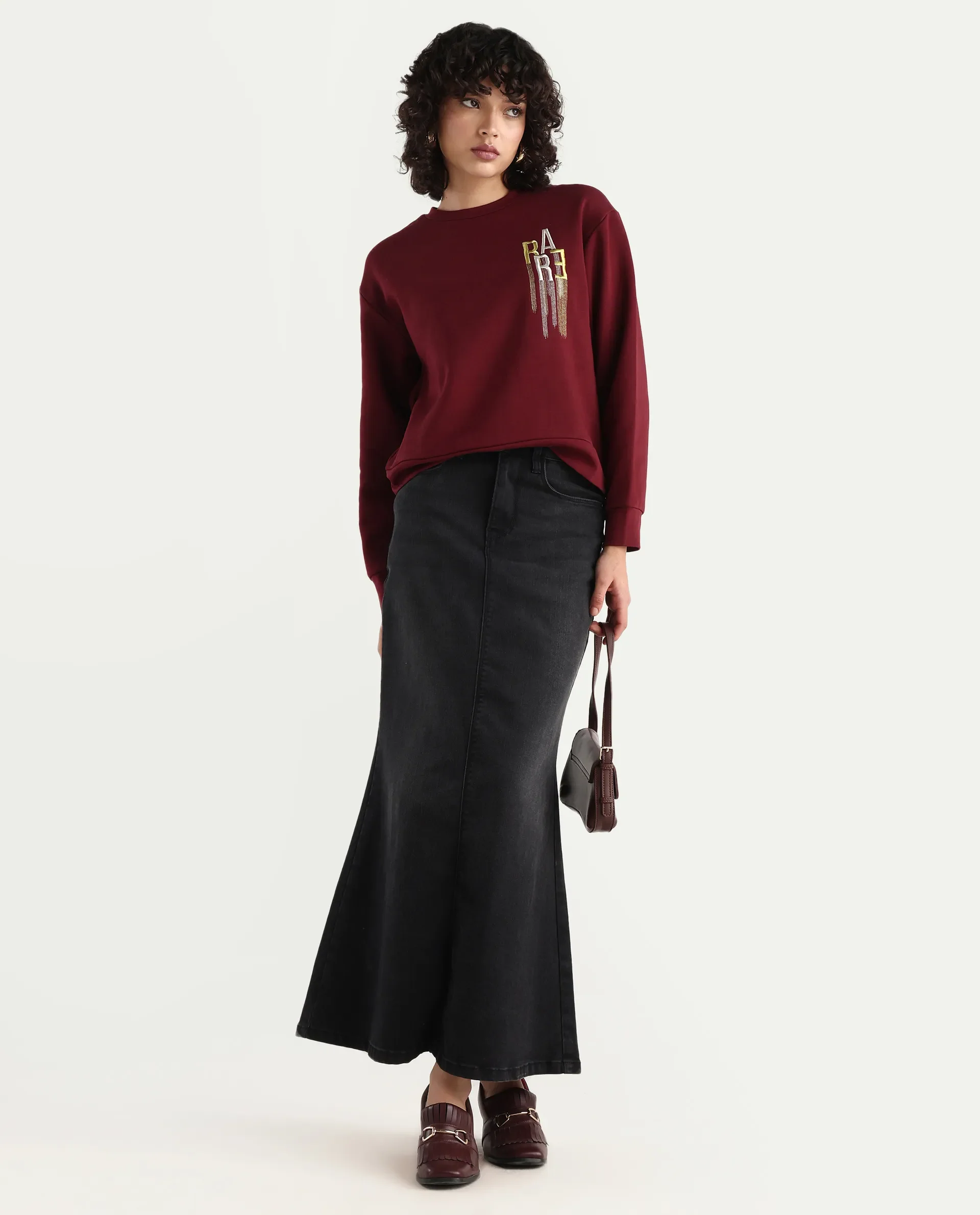 Rareism Women's Geldia Maroon Cotton Blend Crew Neck Graphic Print Relaxed Fit Sweatshirt - Image 2