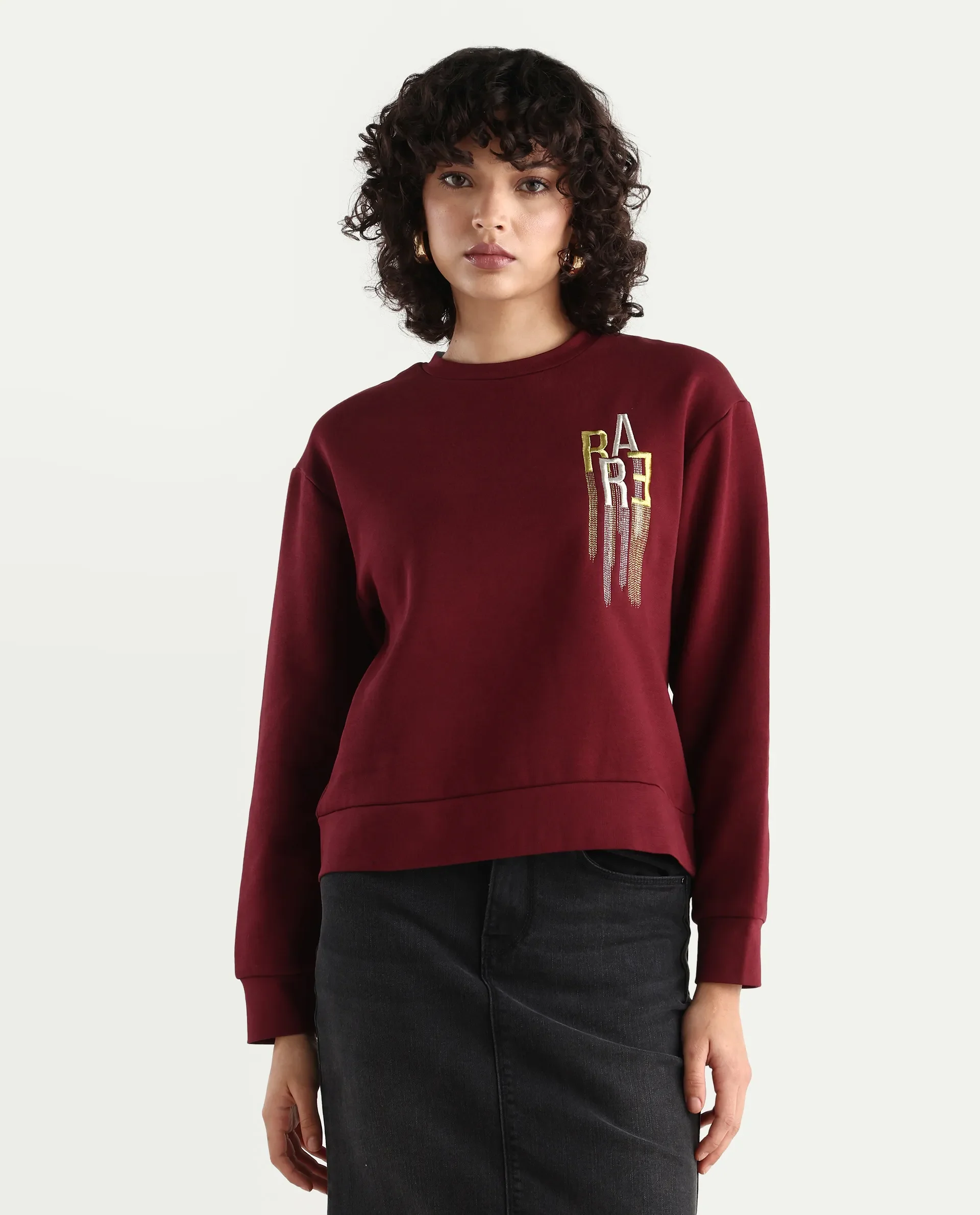 Rareism Women's Geldia Maroon Cotton Blend Crew Neck Graphic Print Relaxed Fit Sweatshirt - Image 3