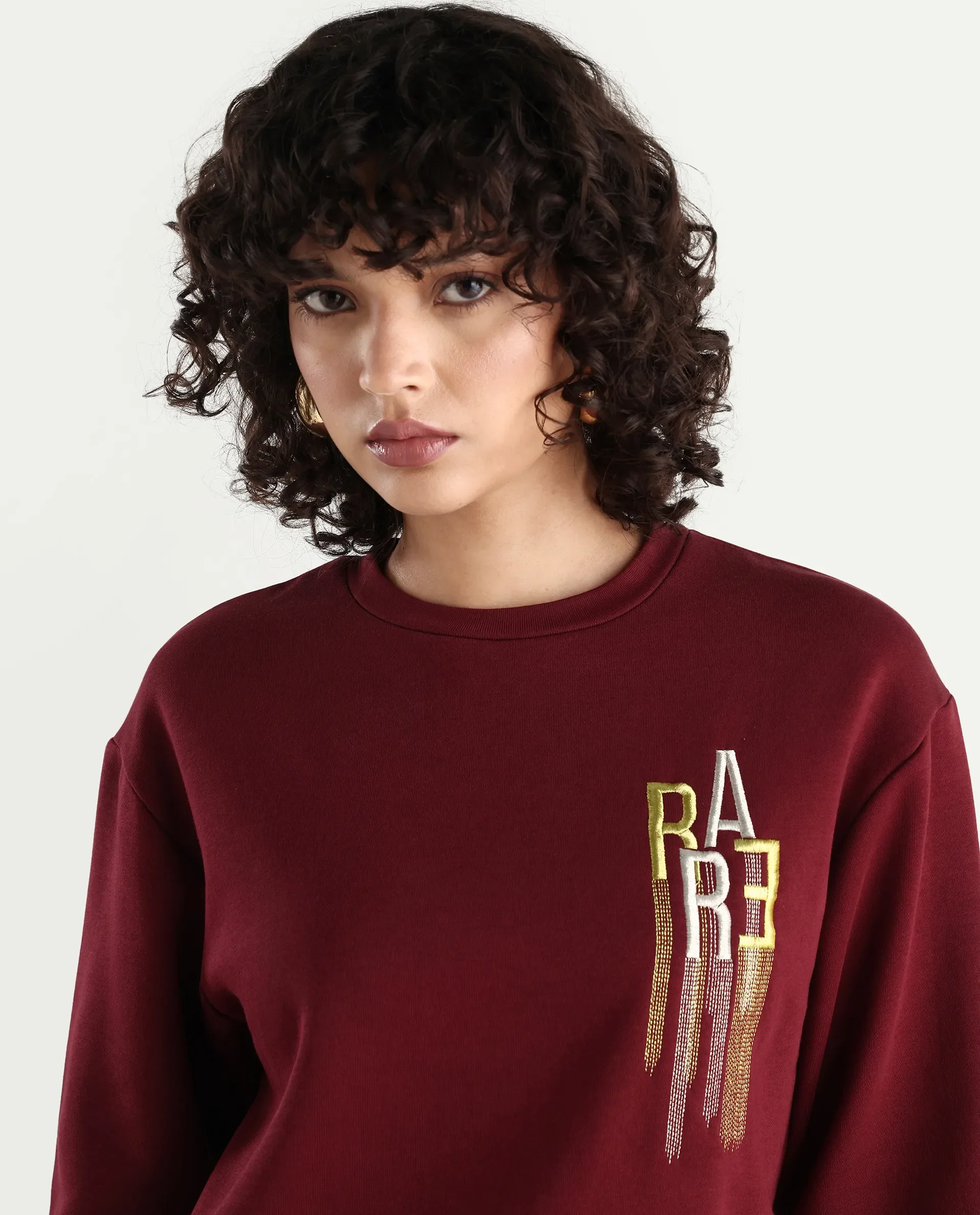Rareism Women's Geldia Maroon Cotton Blend Crew Neck Graphic Print Relaxed Fit Sweatshirt - Image 4
