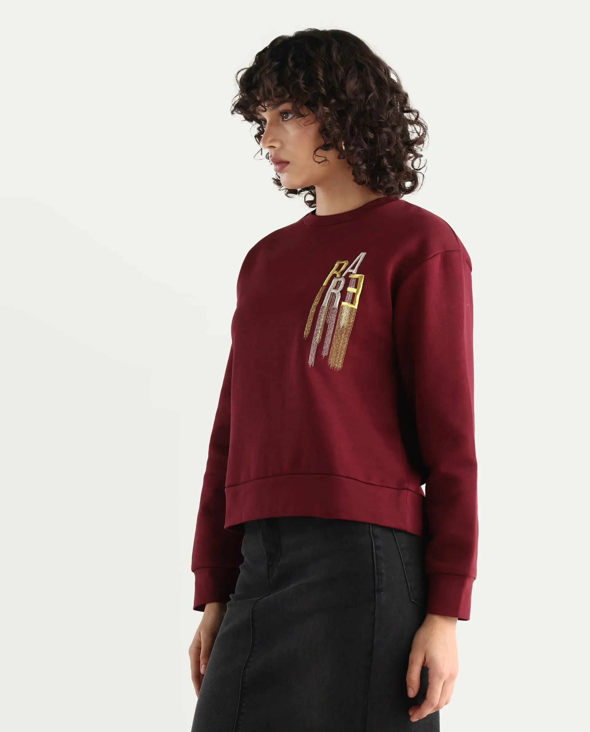 Rareism Women's Geldia Maroon Cotton Blend Crew Neck Graphic Print Relaxed Fit Sweatshirt - Image 5