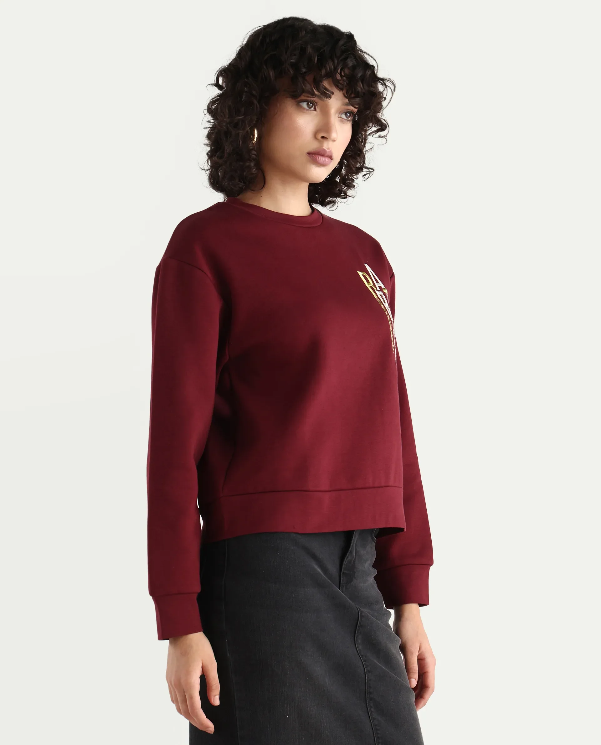 Rareism Women's Geldia Maroon Cotton Blend Crew Neck Graphic Print Relaxed Fit Sweatshirt - Image 6