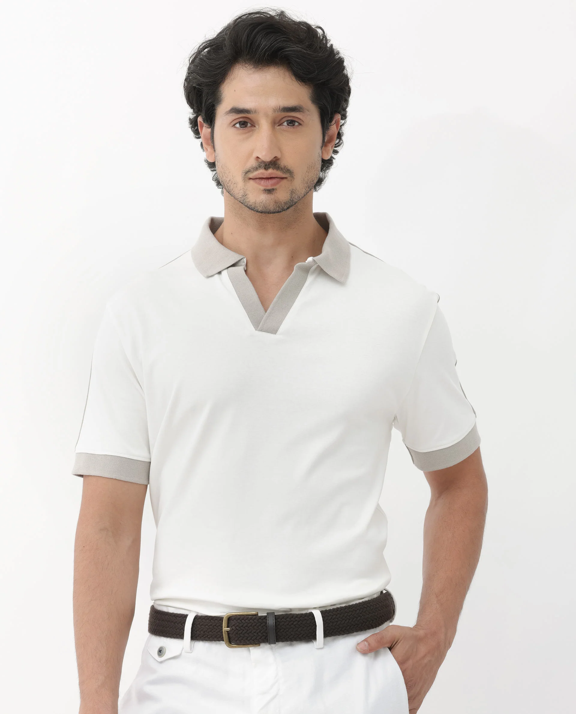 Rare Rabbit Men's Geller White Cotton Plain Regular Fit Half Sleeve Polo - Image 2