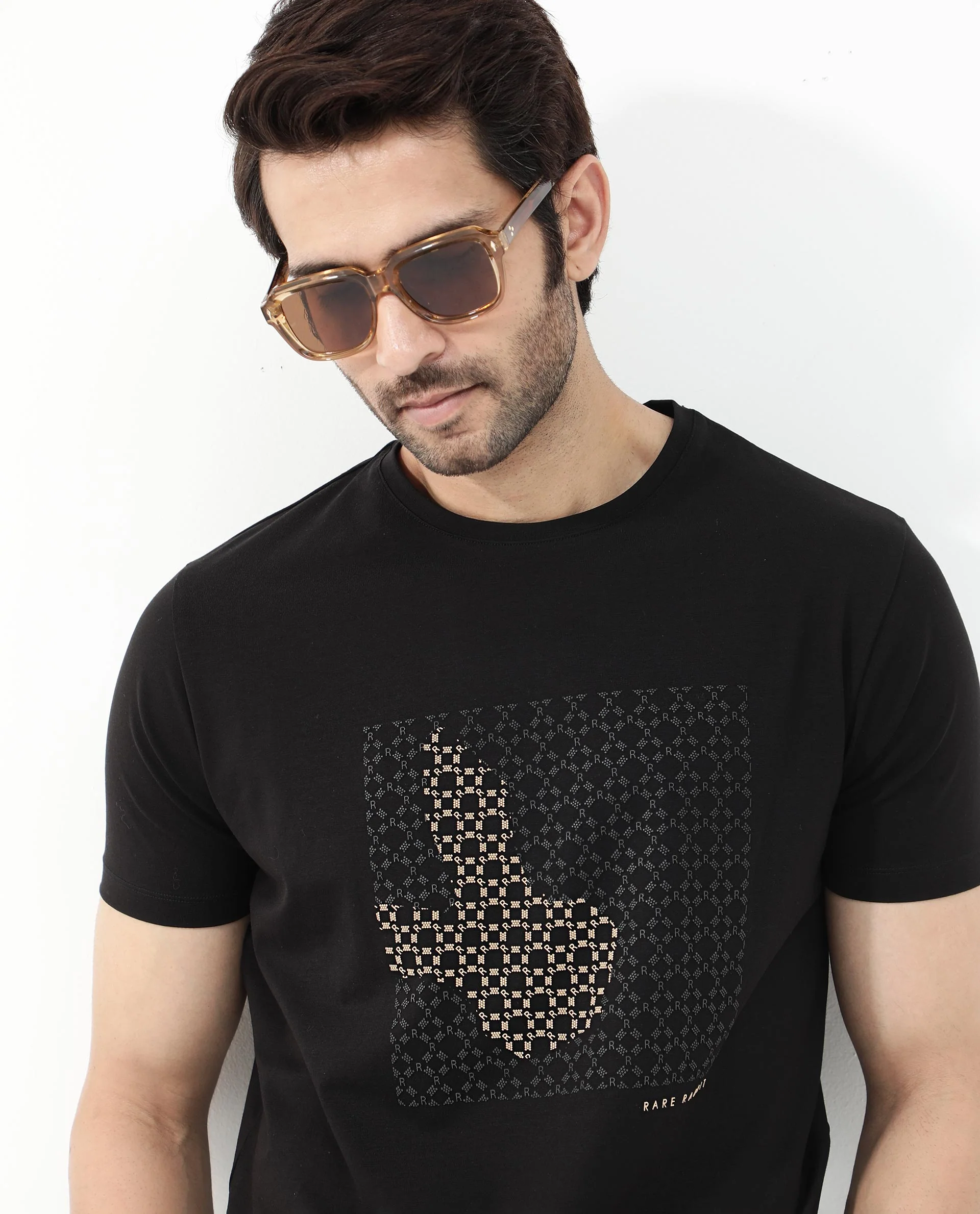 Rare Rabbit Articale Mens Gene Black Cotton Polyester Fabric Short Sleeve Crew Neck Regular Fit Graphic Printed Monogram Logo T-Shirt