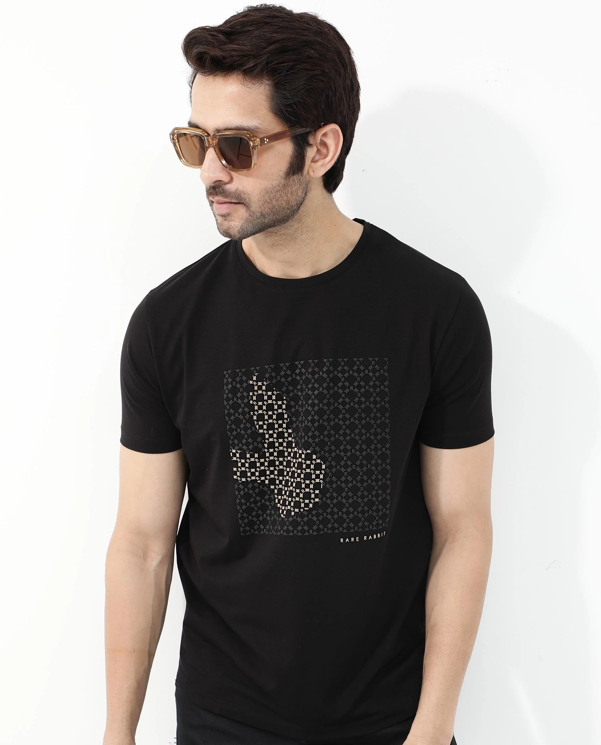Rare Rabbit Articale Mens Gene Black Cotton Polyester Fabric Short Sleeve Crew Neck Regular Fit Graphic Printed Monogram Logo T-Shirt - Image 10