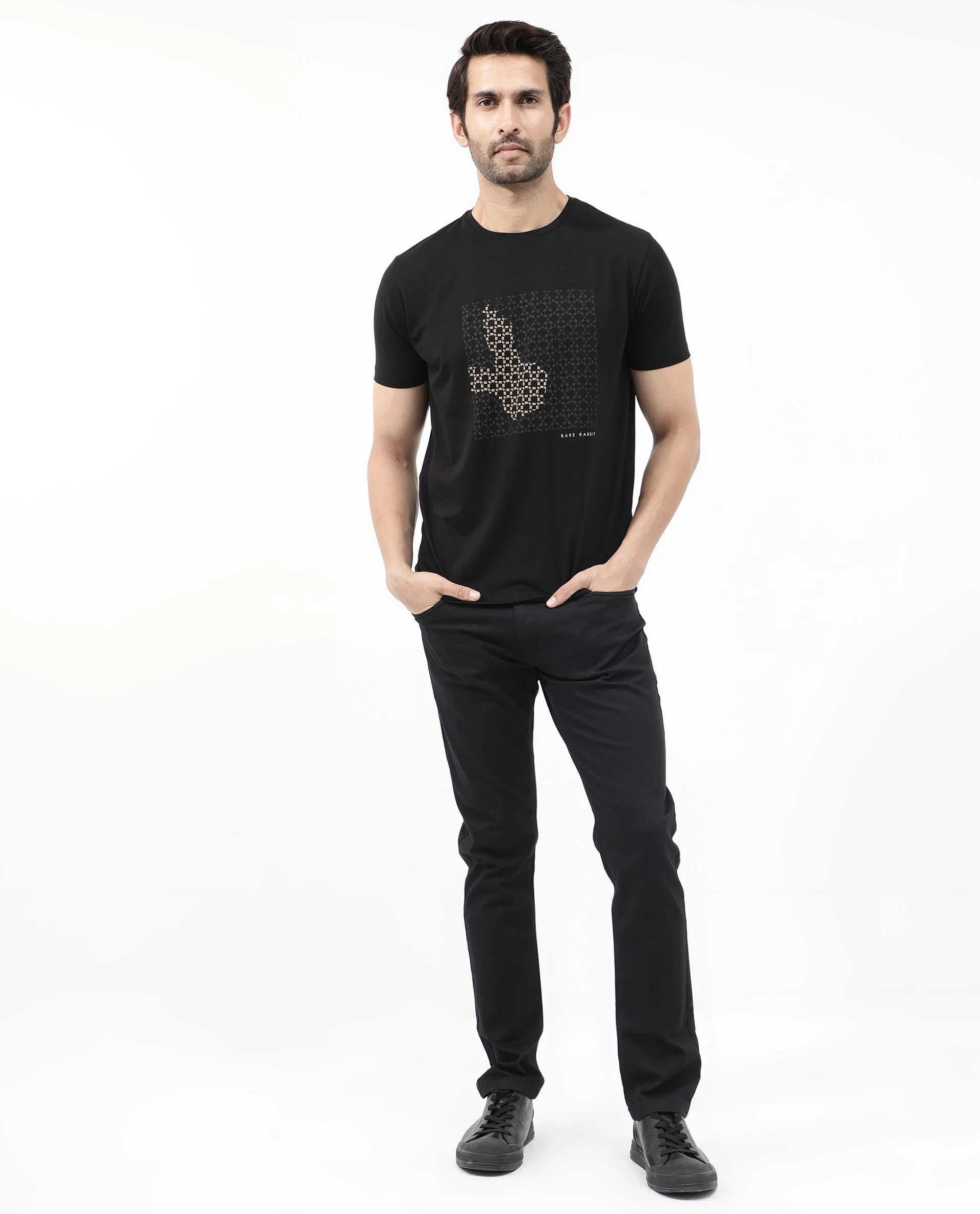 Rare Rabbit Articale Mens Gene Black Cotton Polyester Fabric Short Sleeve Crew Neck Regular Fit Graphic Printed Monogram Logo T-Shirt - Image 2