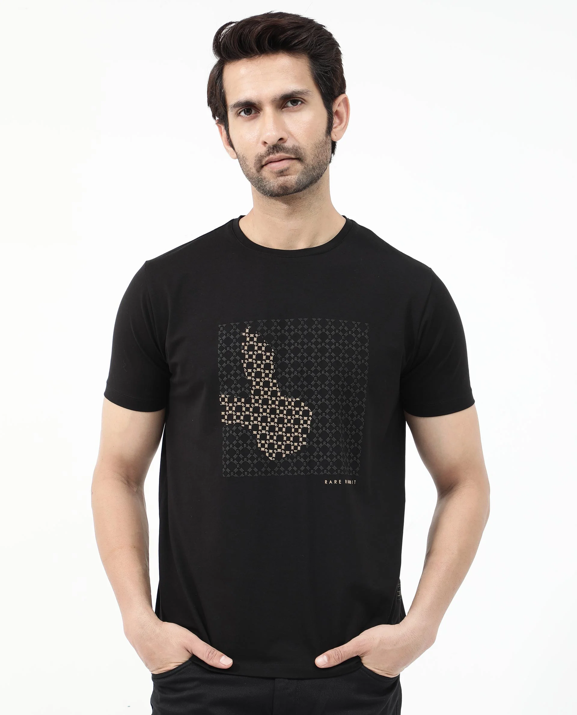 Rare Rabbit Articale Mens Gene Black Cotton Polyester Fabric Short Sleeve Crew Neck Regular Fit Graphic Printed Monogram Logo T-Shirt - Image 3