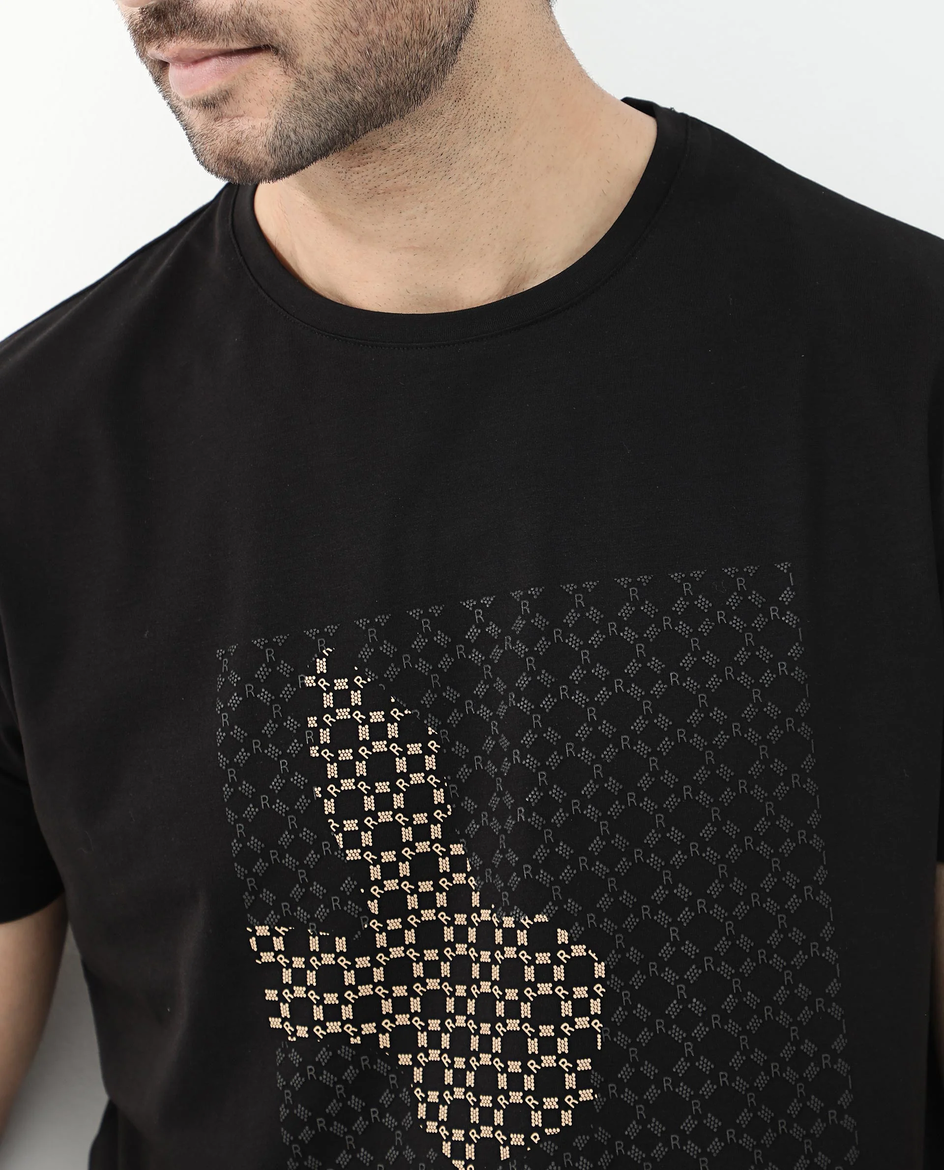 Rare Rabbit Articale Mens Gene Black Cotton Polyester Fabric Short Sleeve Crew Neck Regular Fit Graphic Printed Monogram Logo T-Shirt - Image 4
