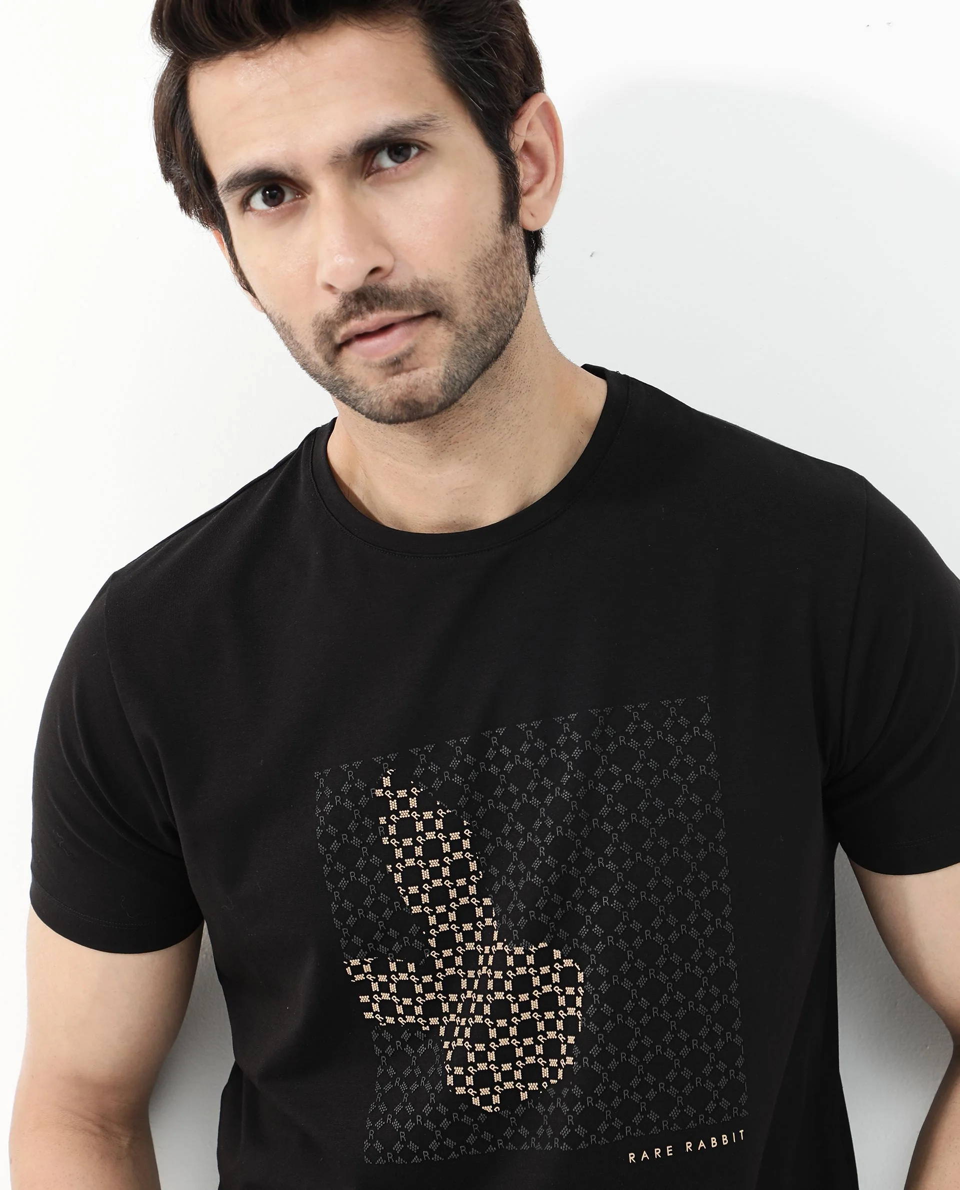 Rare Rabbit Articale Mens Gene Black Cotton Polyester Fabric Short Sleeve Crew Neck Regular Fit Graphic Printed Monogram Logo T-Shirt - Image 5
