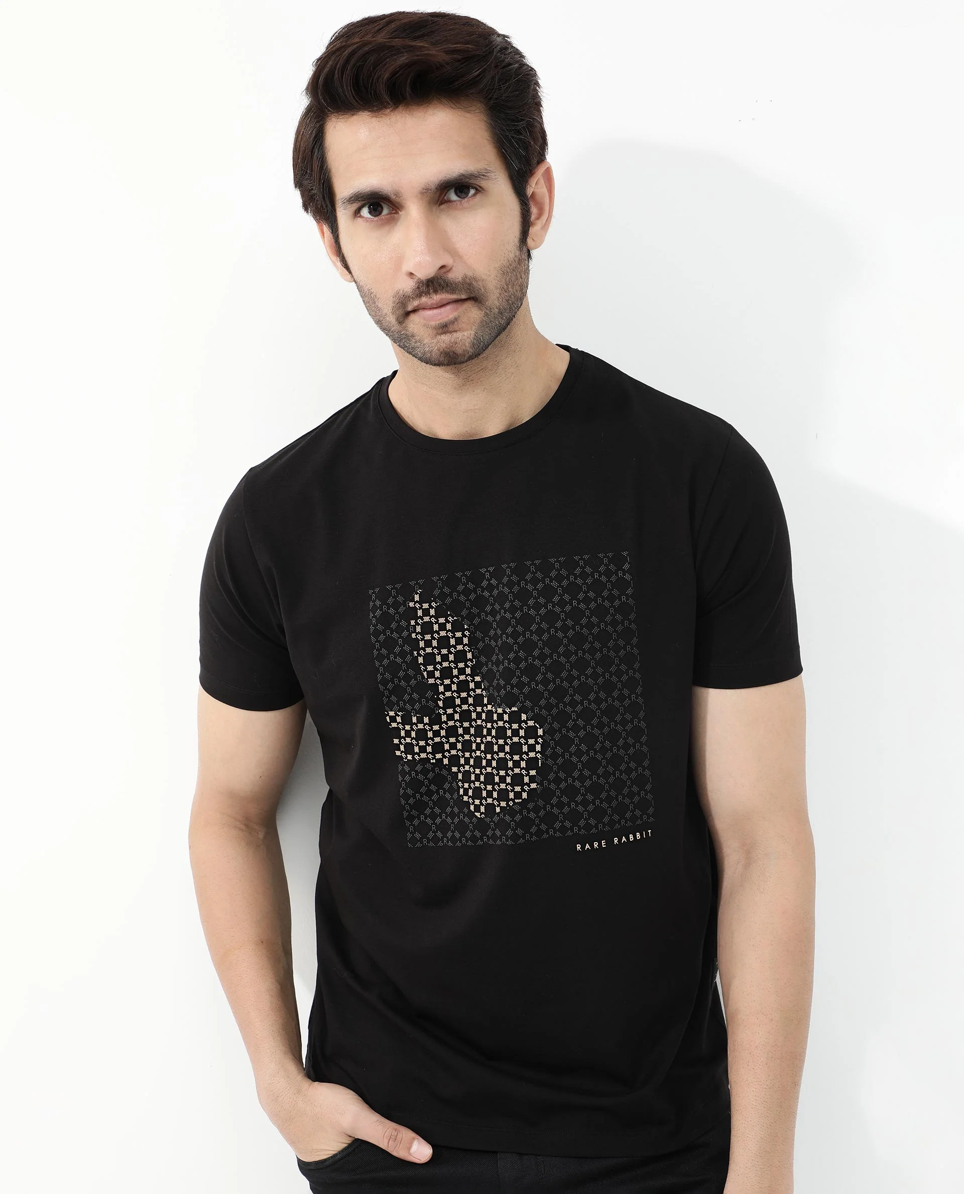 Rare Rabbit Articale Mens Gene Black Cotton Polyester Fabric Short Sleeve Crew Neck Regular Fit Graphic Printed Monogram Logo T-Shirt - Image 6