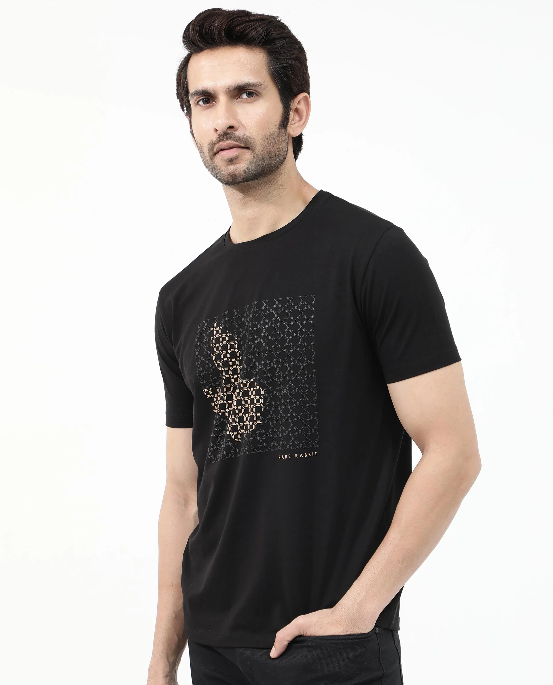 Rare Rabbit Articale Mens Gene Black Cotton Polyester Fabric Short Sleeve Crew Neck Regular Fit Graphic Printed Monogram Logo T-Shirt - Image 8