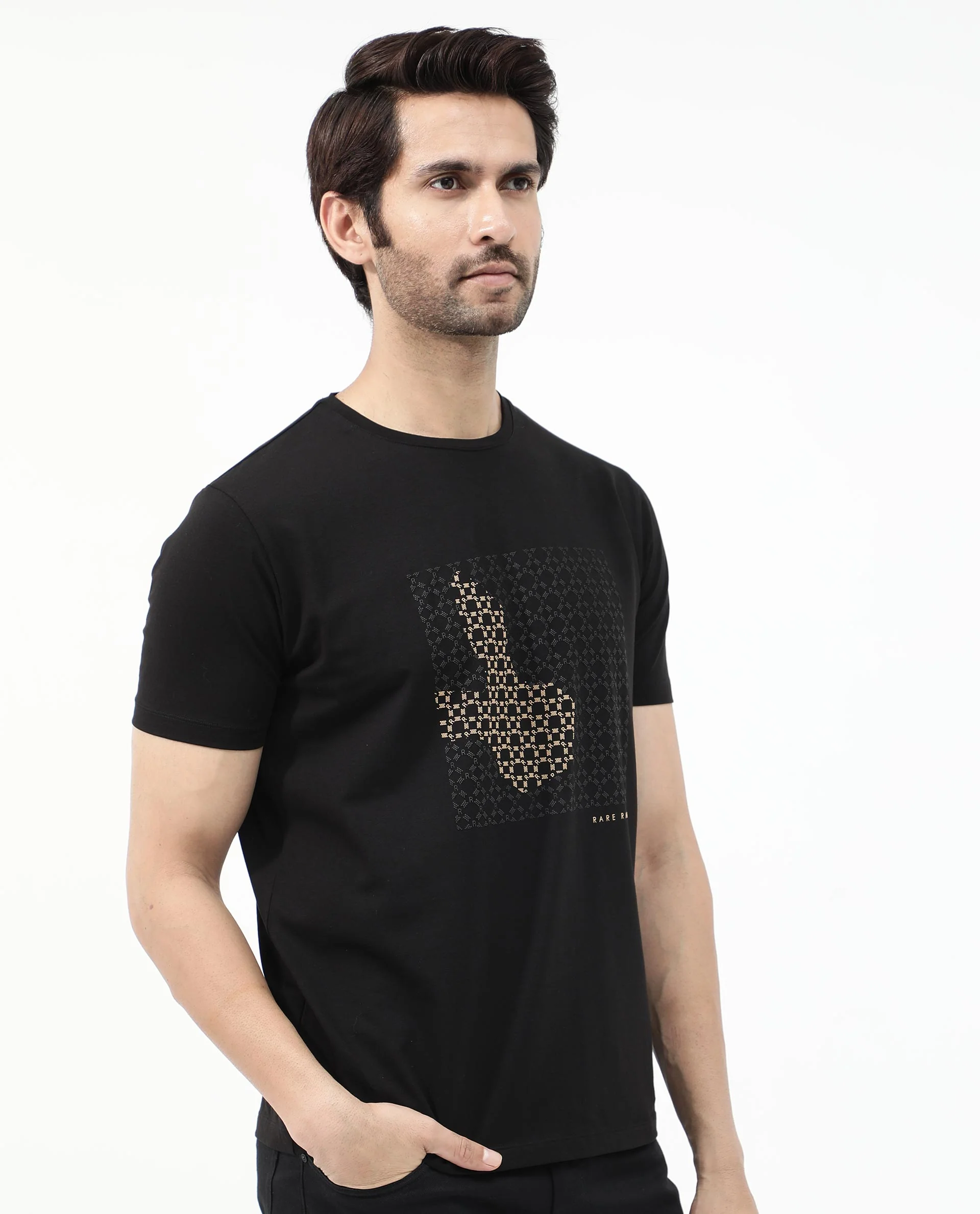 Rare Rabbit Articale Mens Gene Black Cotton Polyester Fabric Short Sleeve Crew Neck Regular Fit Graphic Printed Monogram Logo T-Shirt - Image 9