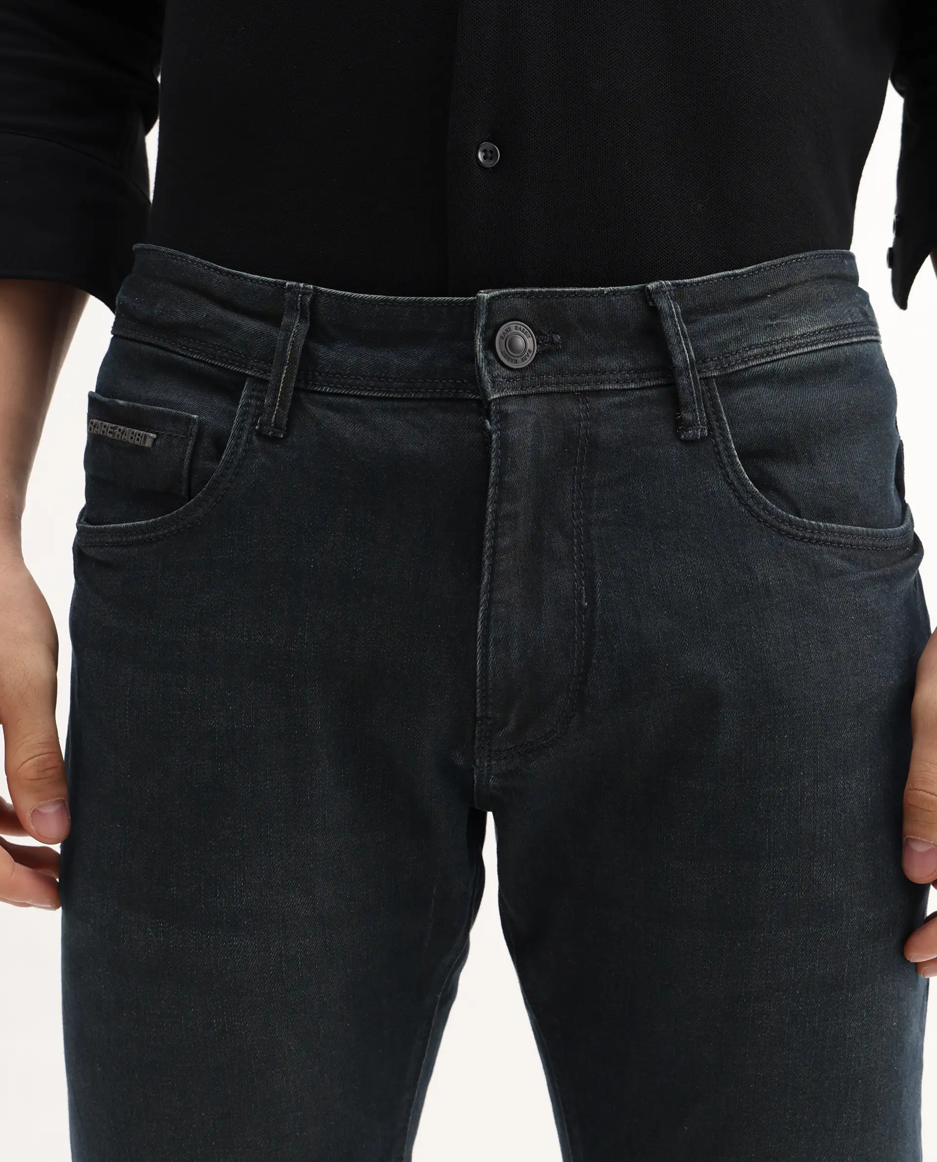 Rare Rabbit Men's Genevo Dusky Blue Cotton Plain Hawk Slim Fit Jeans - Image 3