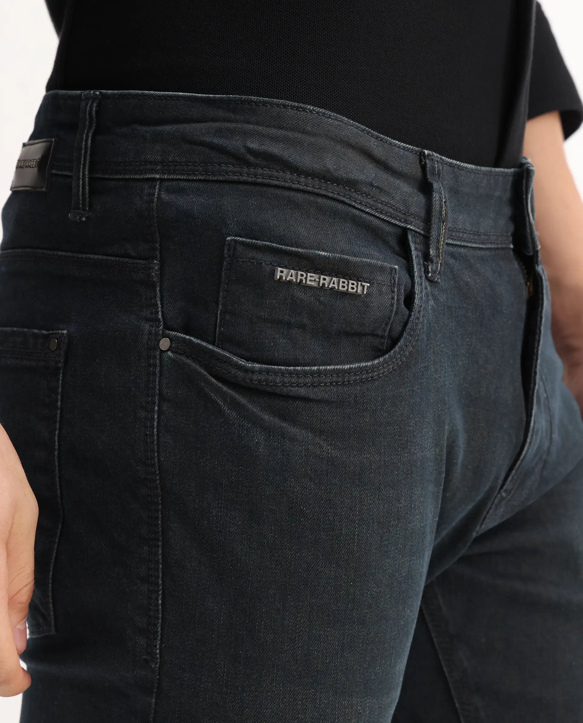 Rare Rabbit Men's Genevo Dusky Blue Cotton Plain Hawk Slim Fit Jeans - Image 4
