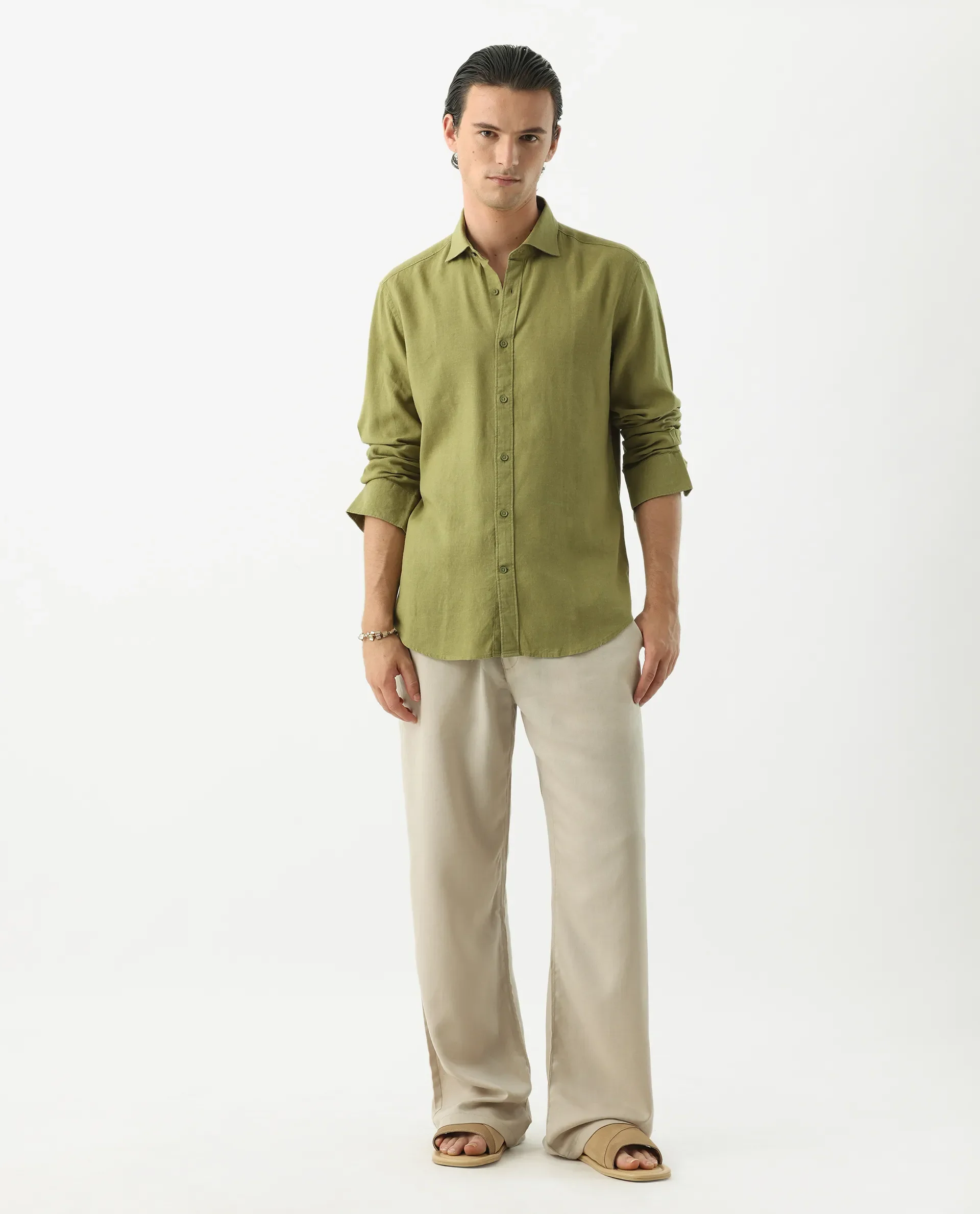 Rare Rabbit Men's Genova Green 100% Linen Regular Fit Full Sleeve Cutaway Collar Shirt - Image 2