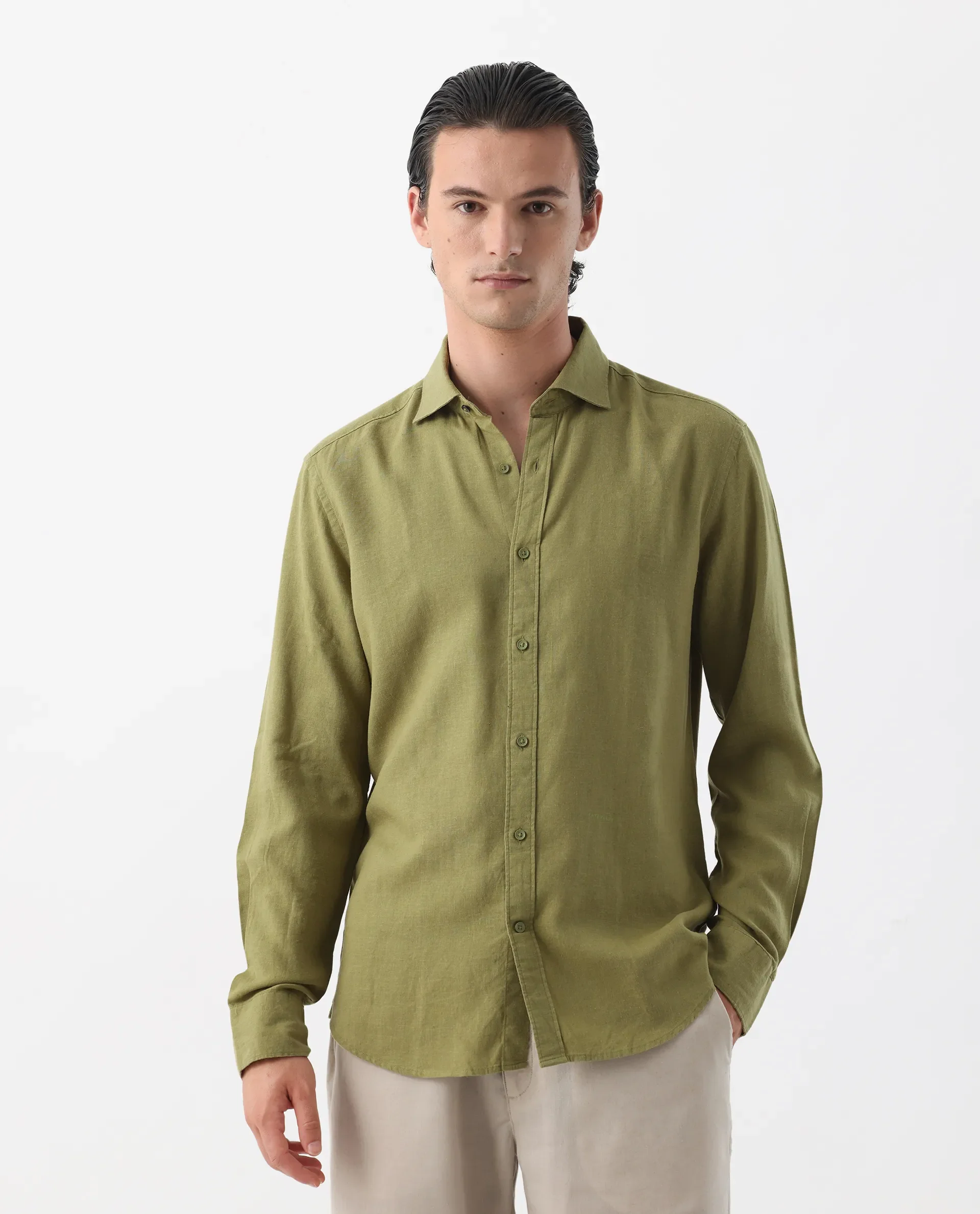 Rare Rabbit Men's Genova Green 100% Linen Regular Fit Full Sleeve Cutaway Collar Shirt - Image 3