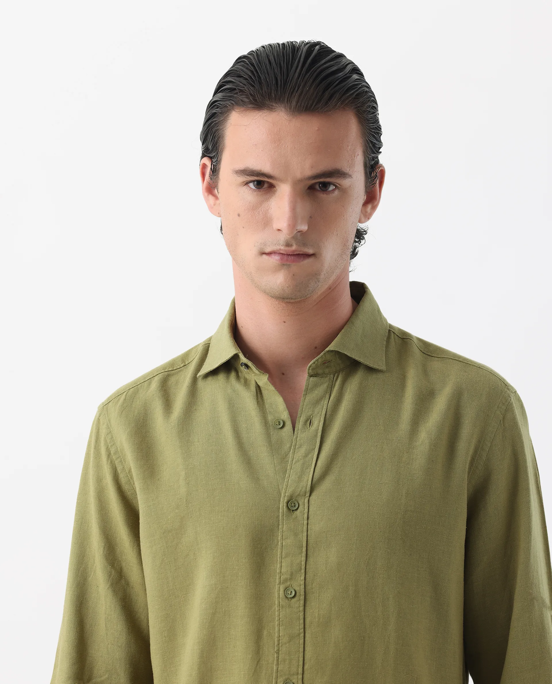 Rare Rabbit Men's Genova Green 100% Linen Regular Fit Full Sleeve Cutaway Collar Shirt - Image 4