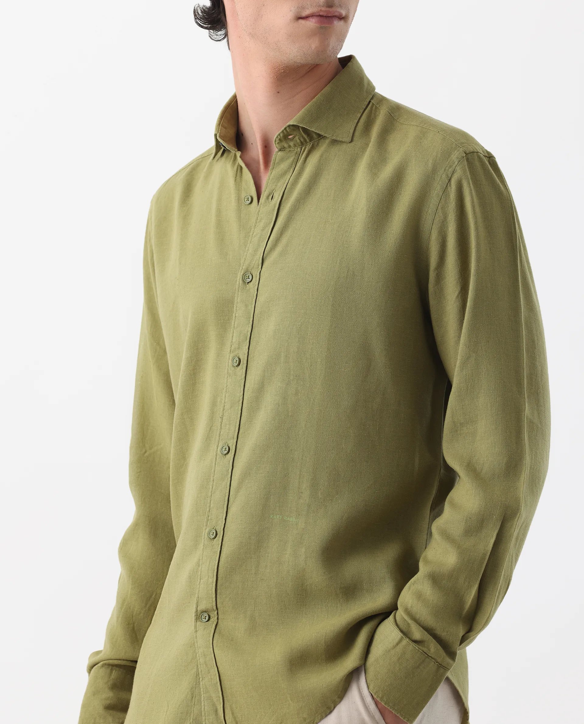 Rare Rabbit Men's Genova Green 100% Linen Regular Fit Full Sleeve Cutaway Collar Shirt - Image 5