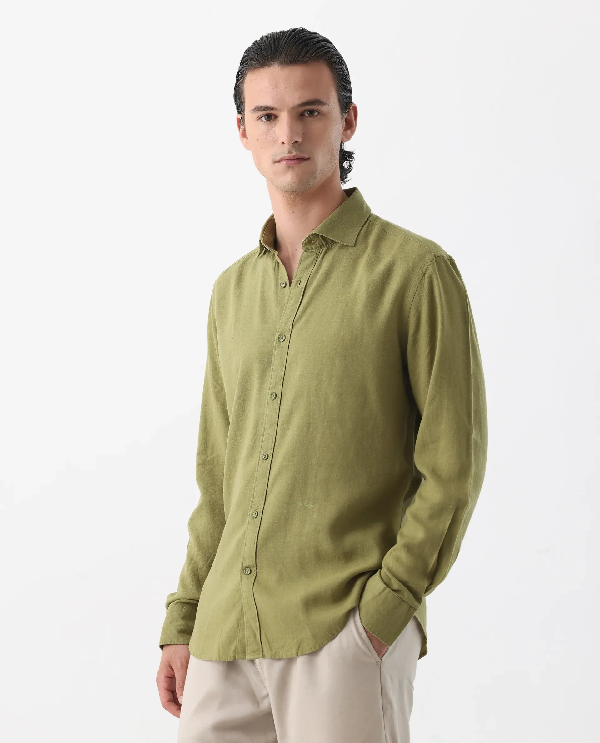 Rare Rabbit Men's Genova Green 100% Linen Regular Fit Full Sleeve Cutaway Collar Shirt - Image 6