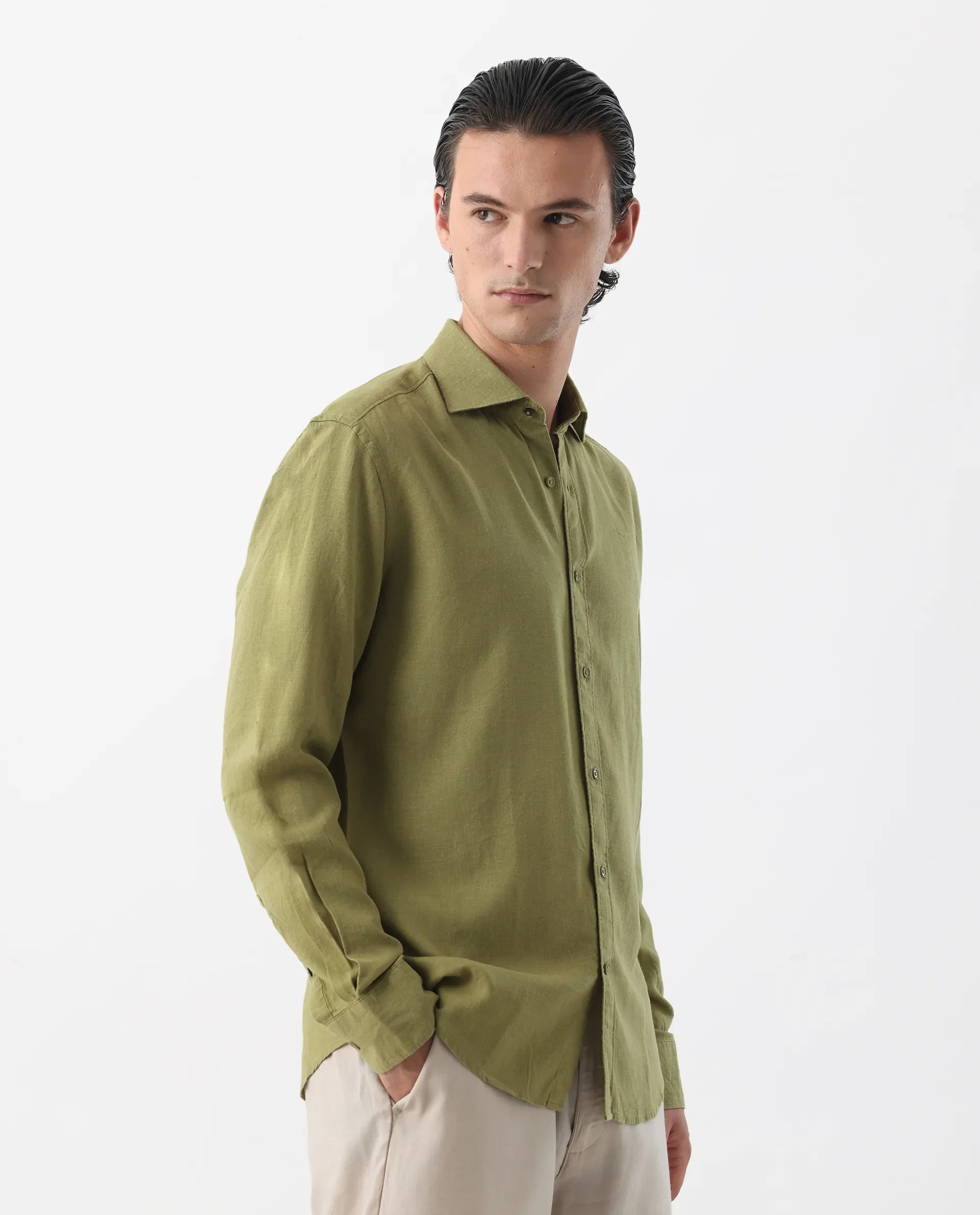 Rare Rabbit Men's Genova Green 100% Linen Regular Fit Full Sleeve Cutaway Collar Shirt - Image 7