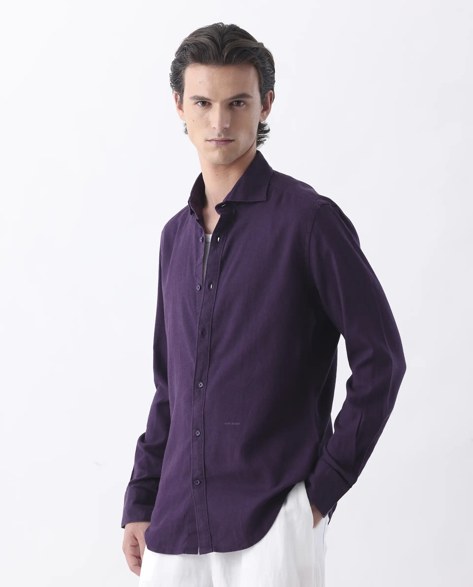 Rare Rabbit Men's Genova Purple 100% Linen Regular Fit Full Sleeve Spread Collar Shirt - Image 2