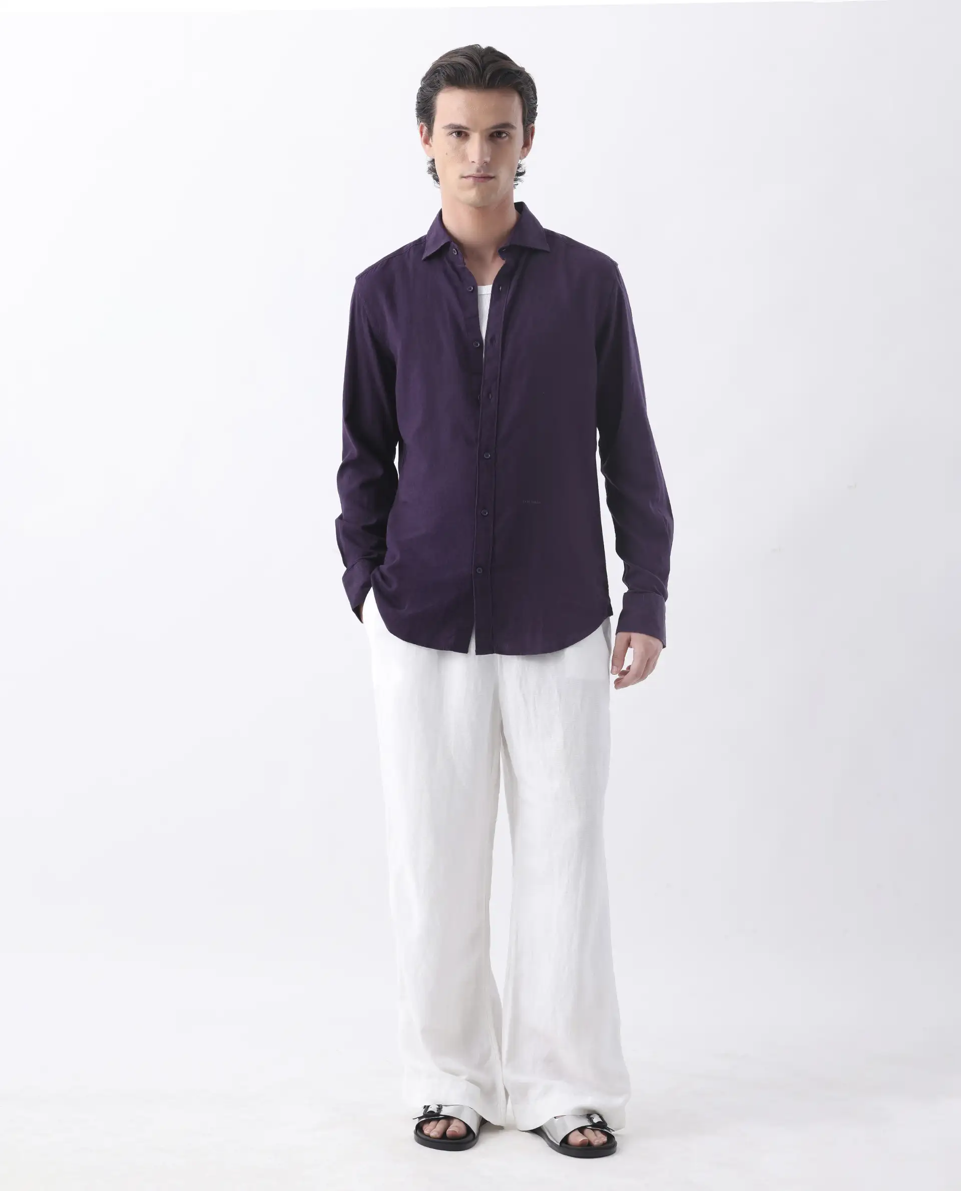 Rare Rabbit Men's Genova Purple 100% Linen Regular Fit Full Sleeve Spread Collar Shirt - Image 3