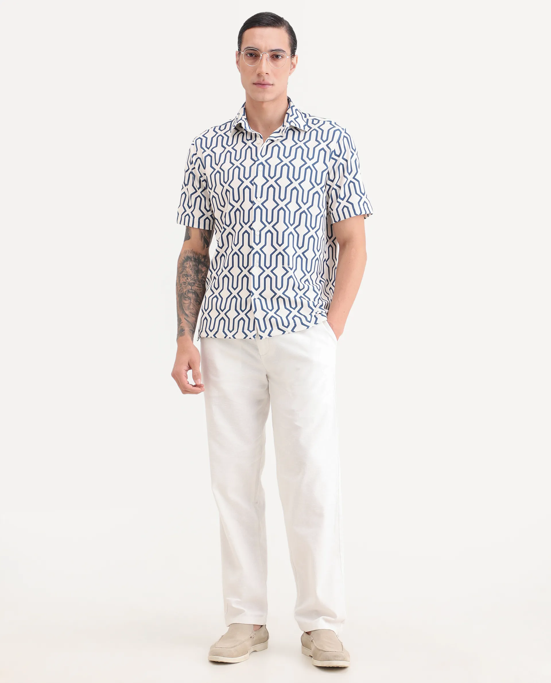 Rare Rabbit Men's Geomex Light Off White Polyester Blend Fabric Half Sleeve Spread Collar Regular Fit Geometric Print Shirt - Image 2