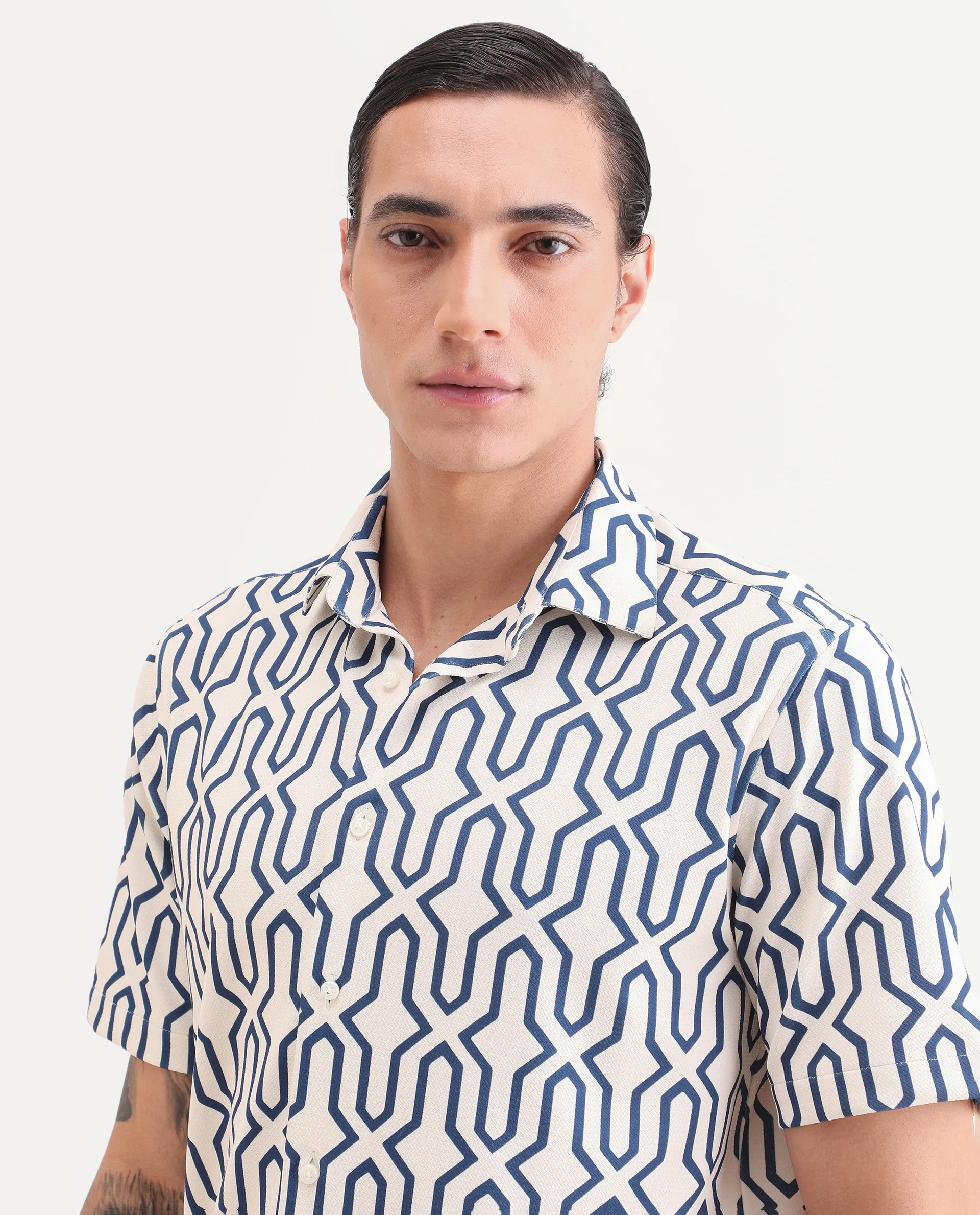 Rare Rabbit Men's Geomex Light Off White Polyester Blend Fabric Half Sleeve Spread Collar Regular Fit Geometric Print Shirt - Image 3
