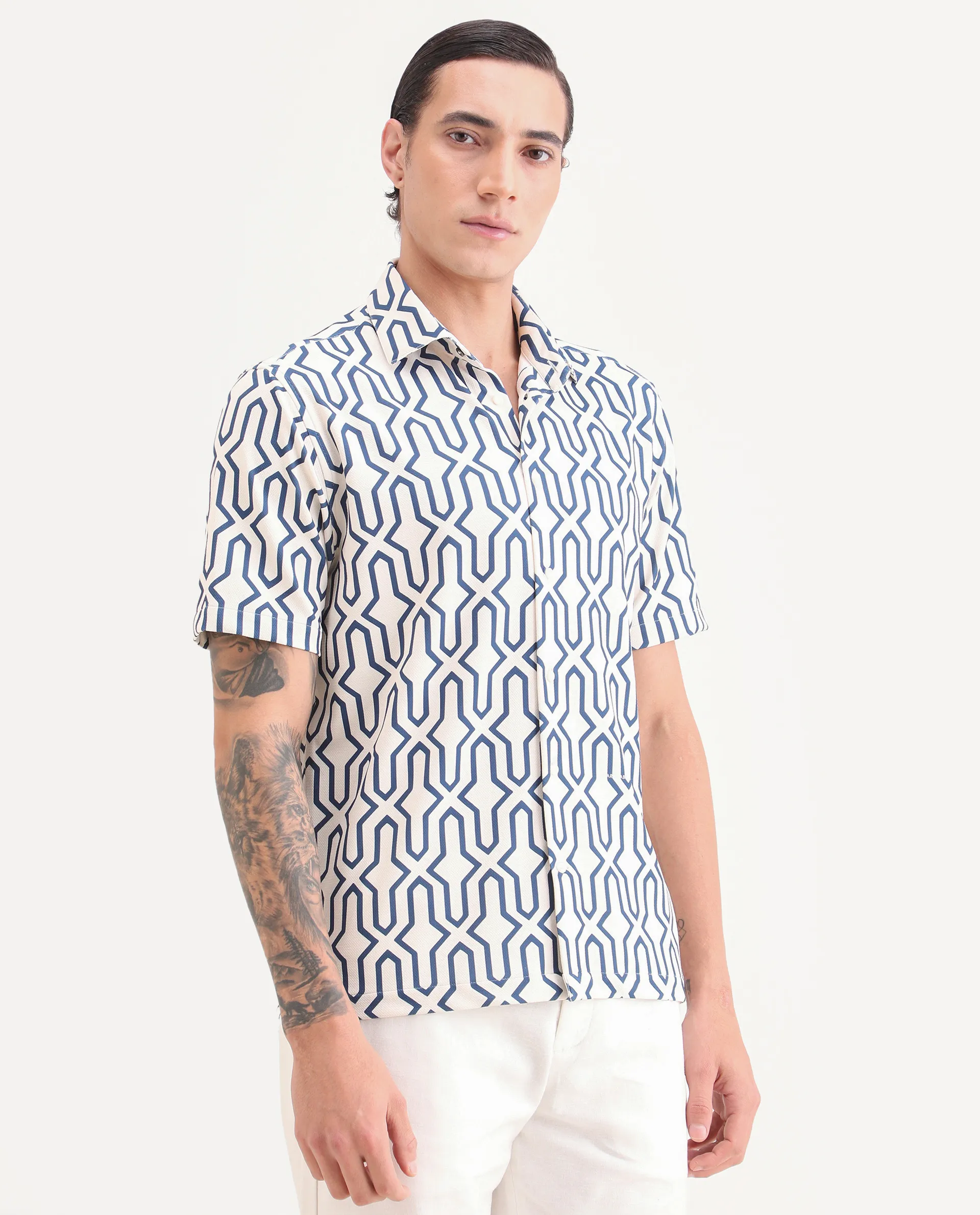 Rare Rabbit Men's Geomex Light Off White Polyester Blend Fabric Half Sleeve Spread Collar Regular Fit Geometric Print Shirt - Image 4