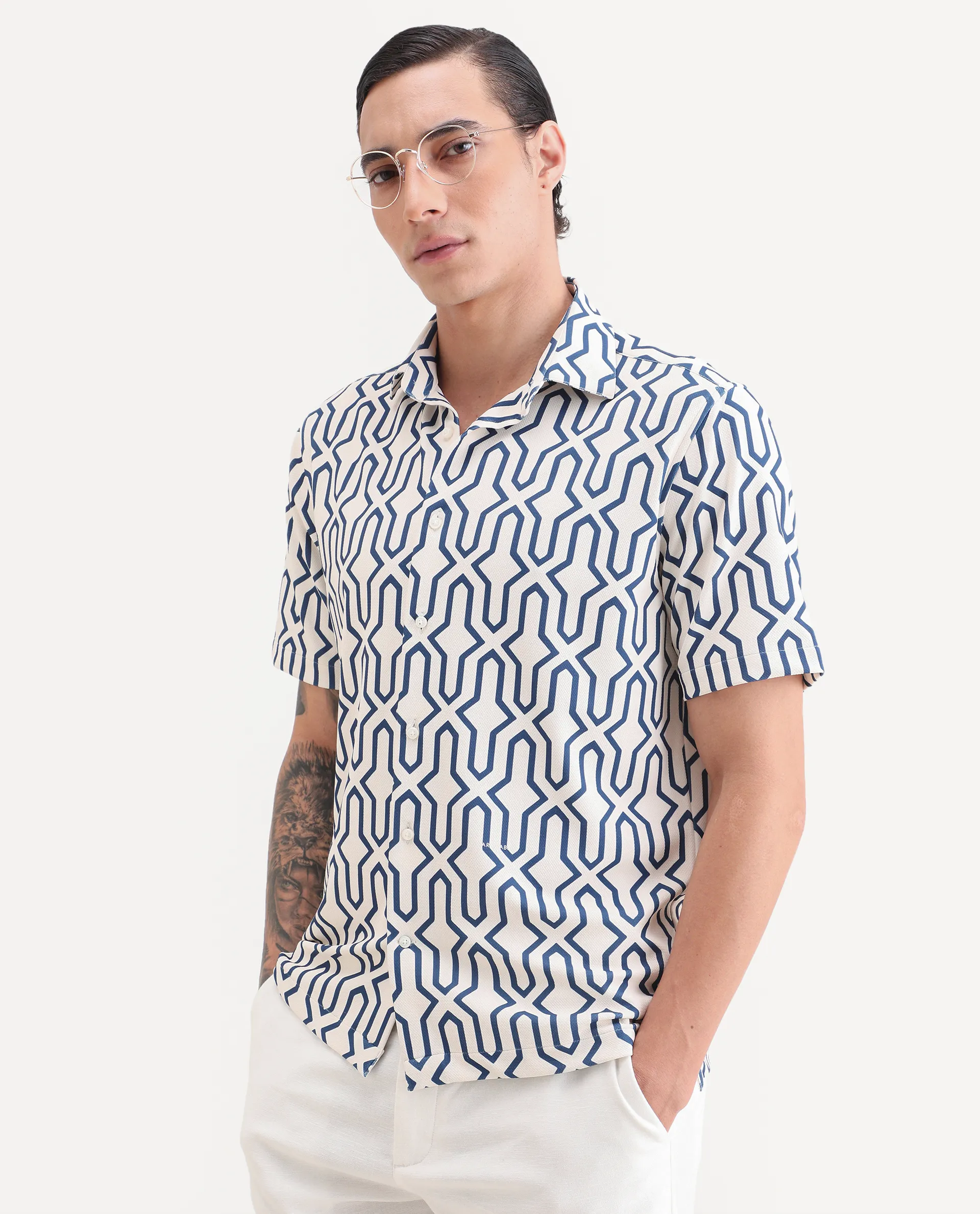 Rare Rabbit Men's Geomex Light Off White Polyester Blend Fabric Half Sleeve Spread Collar Regular Fit Geometric Print Shirt - Image 5