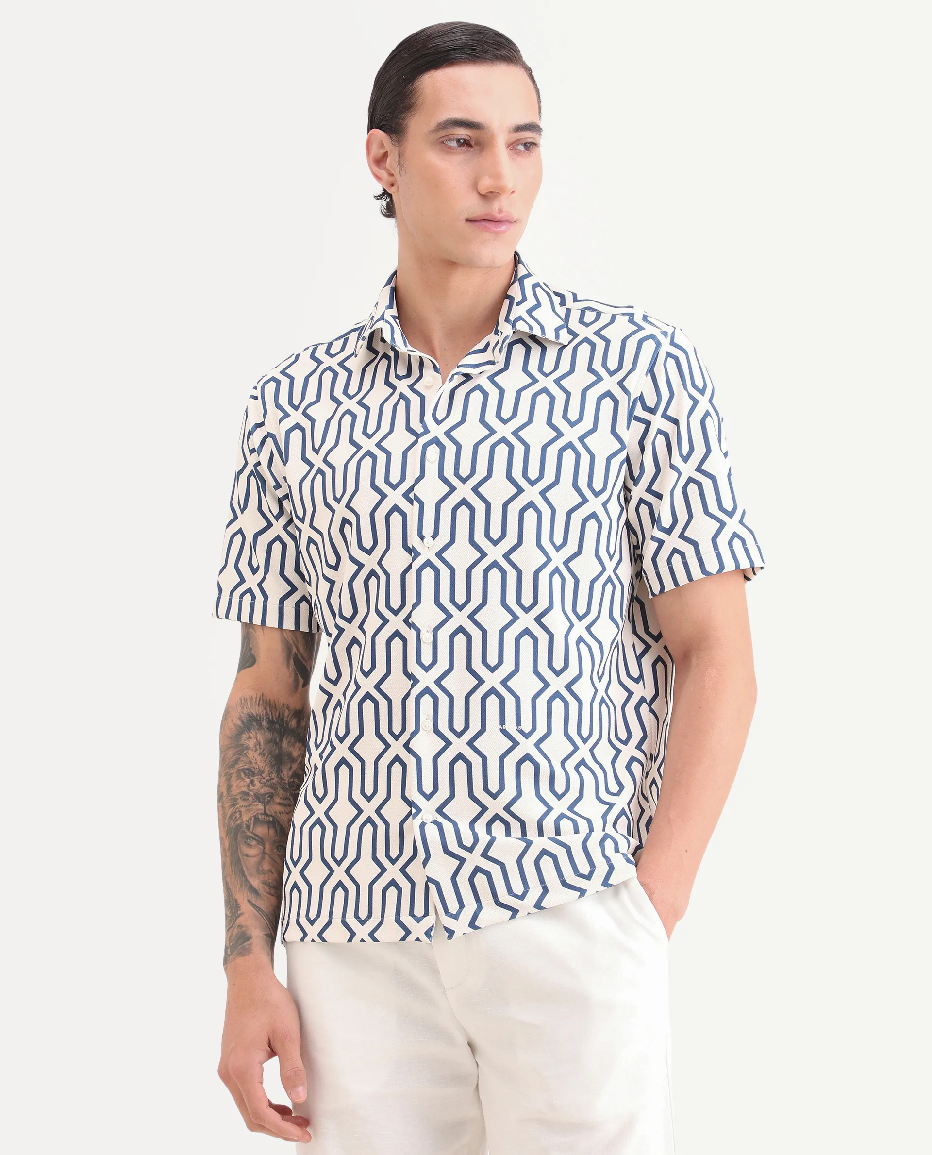 Rare Rabbit Men's Geomex Light Off White Polyester Blend Fabric Half Sleeve Spread Collar Regular Fit Geometric Print Shirt - Image 6