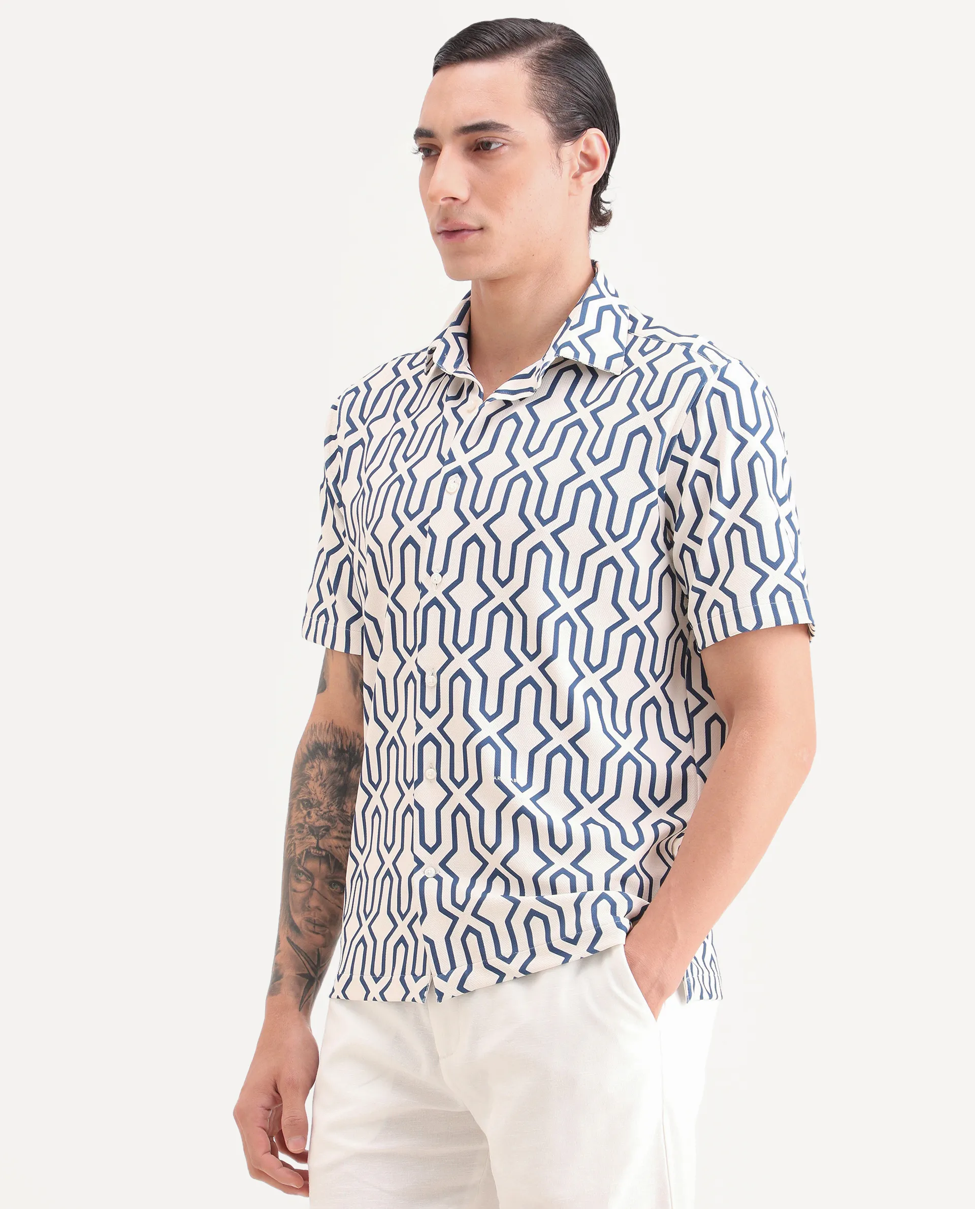 Rare Rabbit Men's Geomex Light Off White Polyester Blend Fabric Half Sleeve Spread Collar Regular Fit Geometric Print Shirt - Image 7