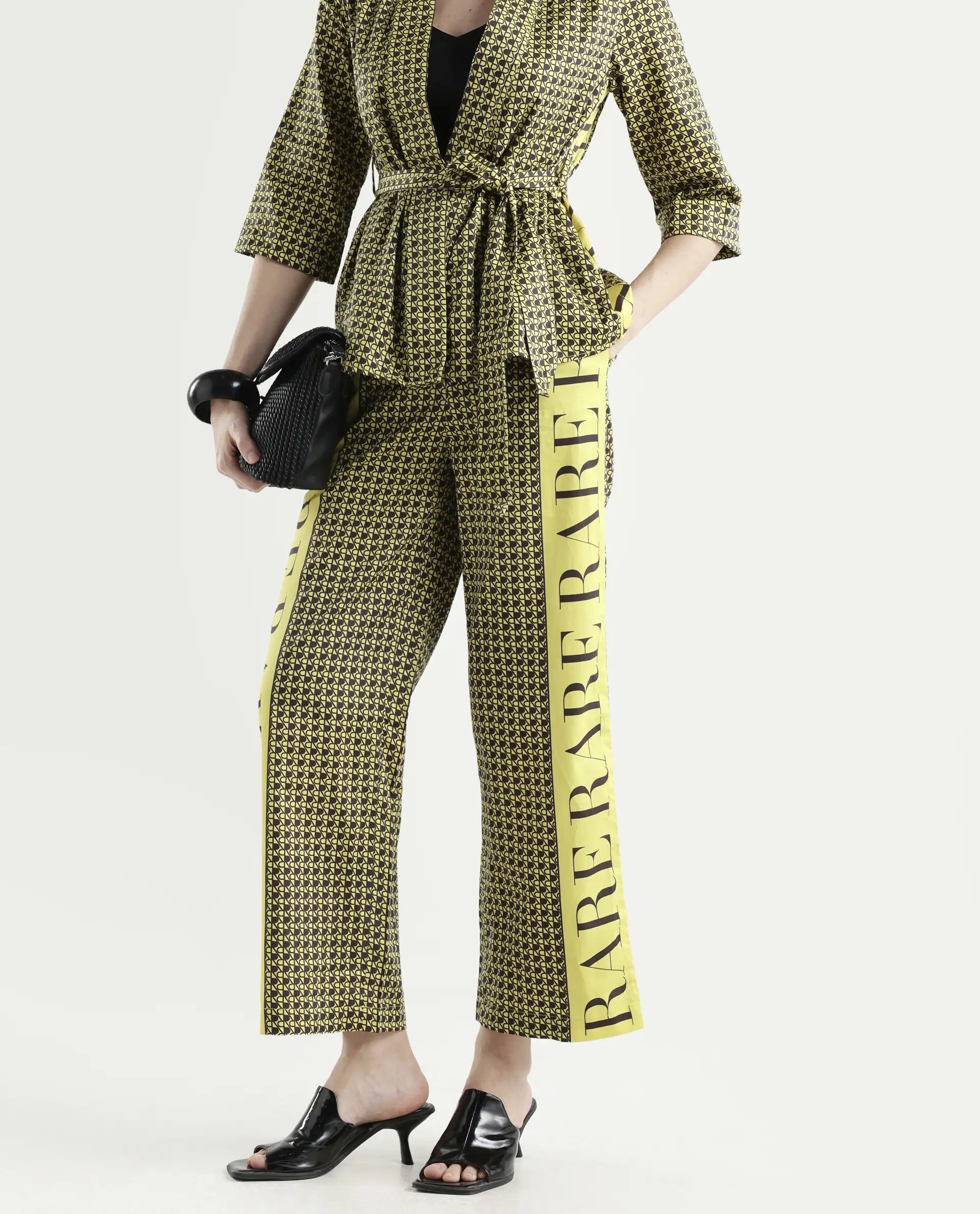 Rareism Women's Geomo-B Yellow Cotton Blend Monogram Print Ankle Length Straight Fit Trouser - Image 2