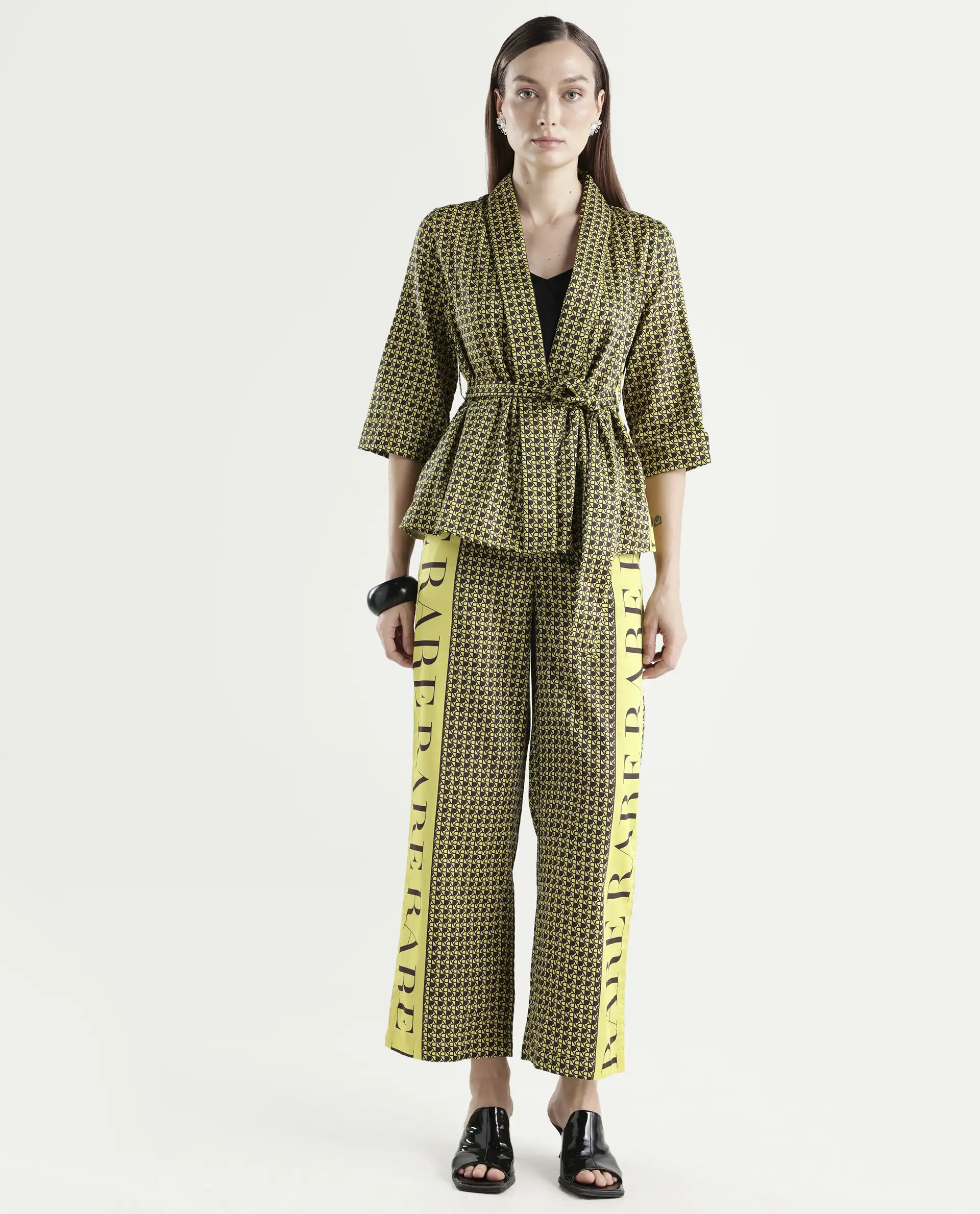 Rareism Women's Geomo-B Yellow Cotton Blend Monogram Print Ankle Length Straight Fit Trouser - Image 3
