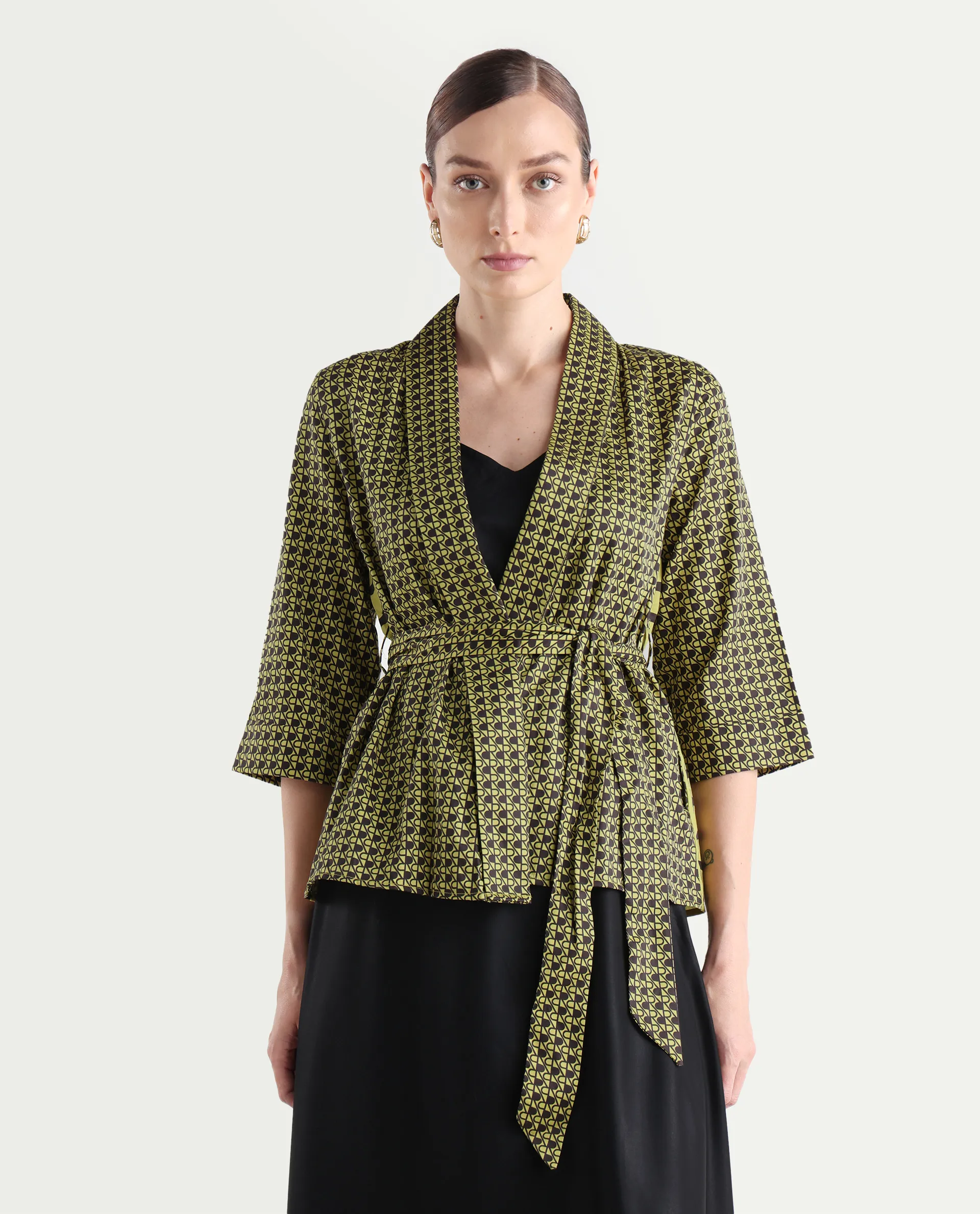 Rareism Women's Geomo-T Yellow Cotton Overlap Neck Monogram Print Regular Fit Shrug - Image 3