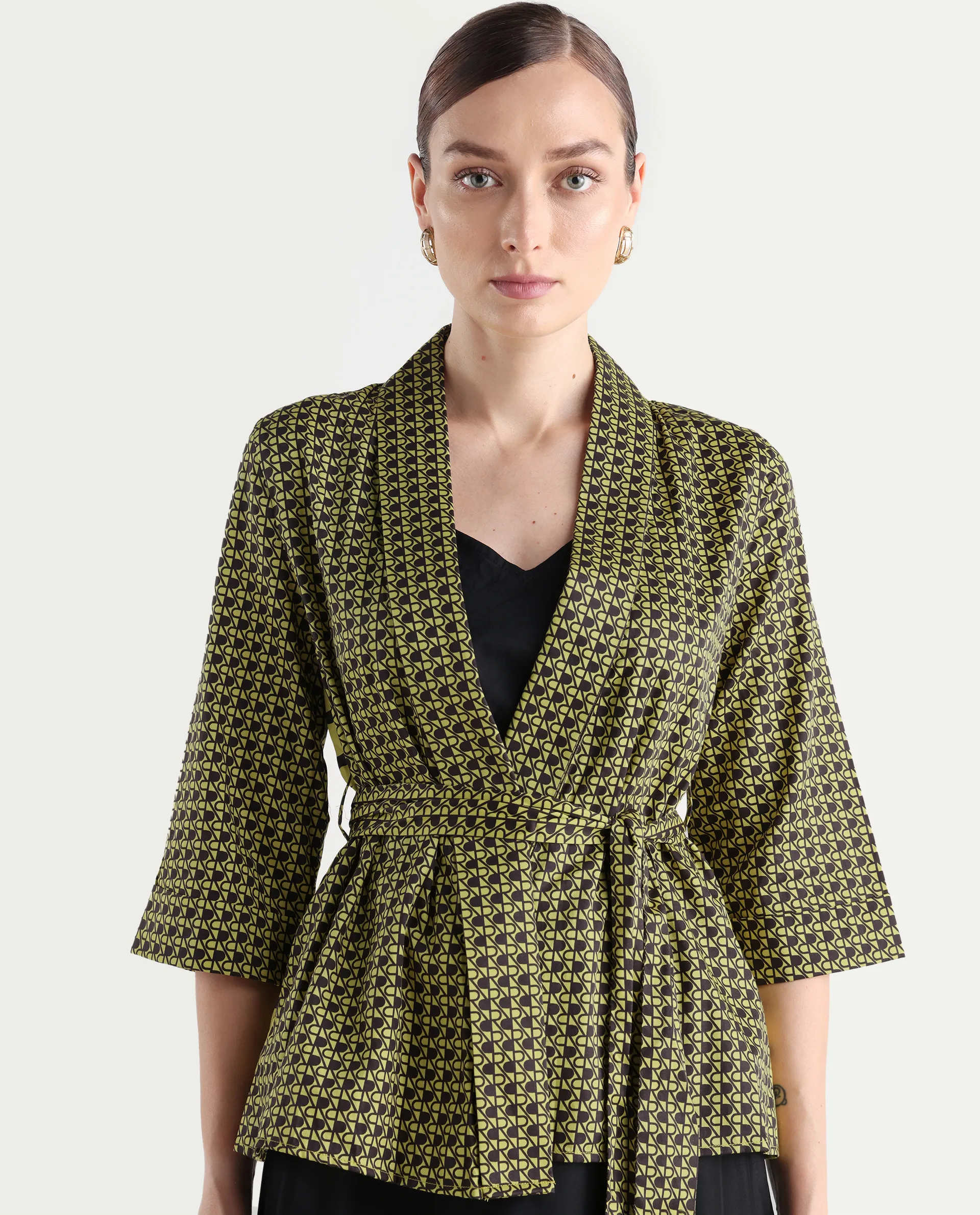 Rareism Women's Geomo-T Yellow Cotton Overlap Neck Monogram Print Regular Fit Shrug - Image 4