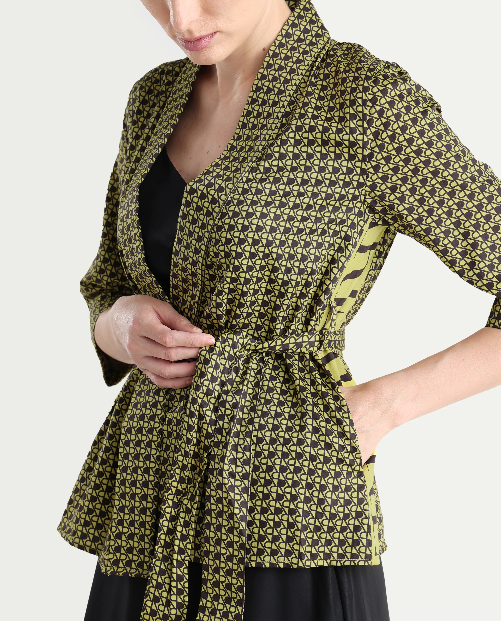 Rareism Women's Geomo-T Yellow Cotton Overlap Neck Monogram Print Regular Fit Shrug - Image 5