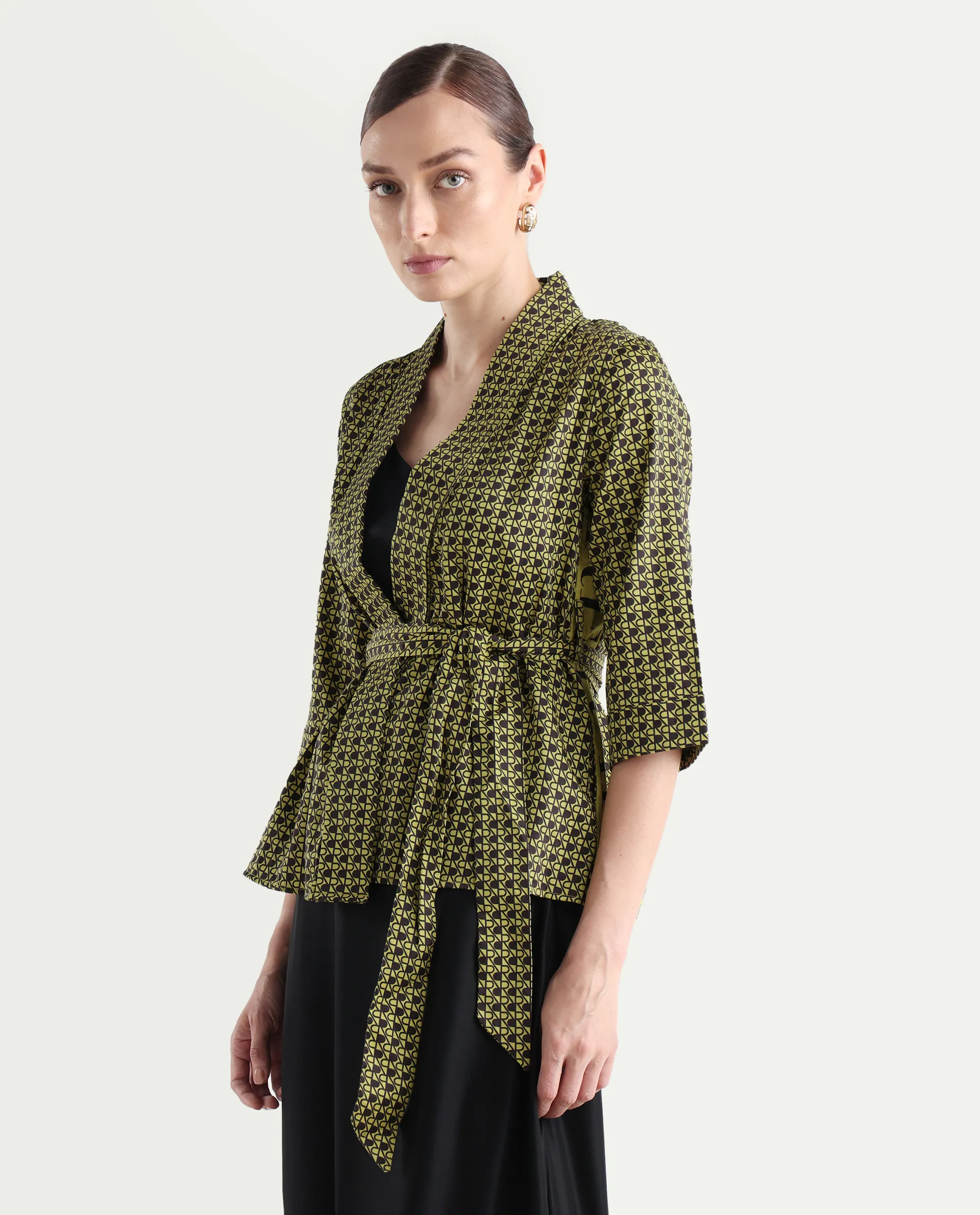 Rareism Women's Geomo-T Yellow Cotton Overlap Neck Monogram Print Regular Fit Shrug - Image 6