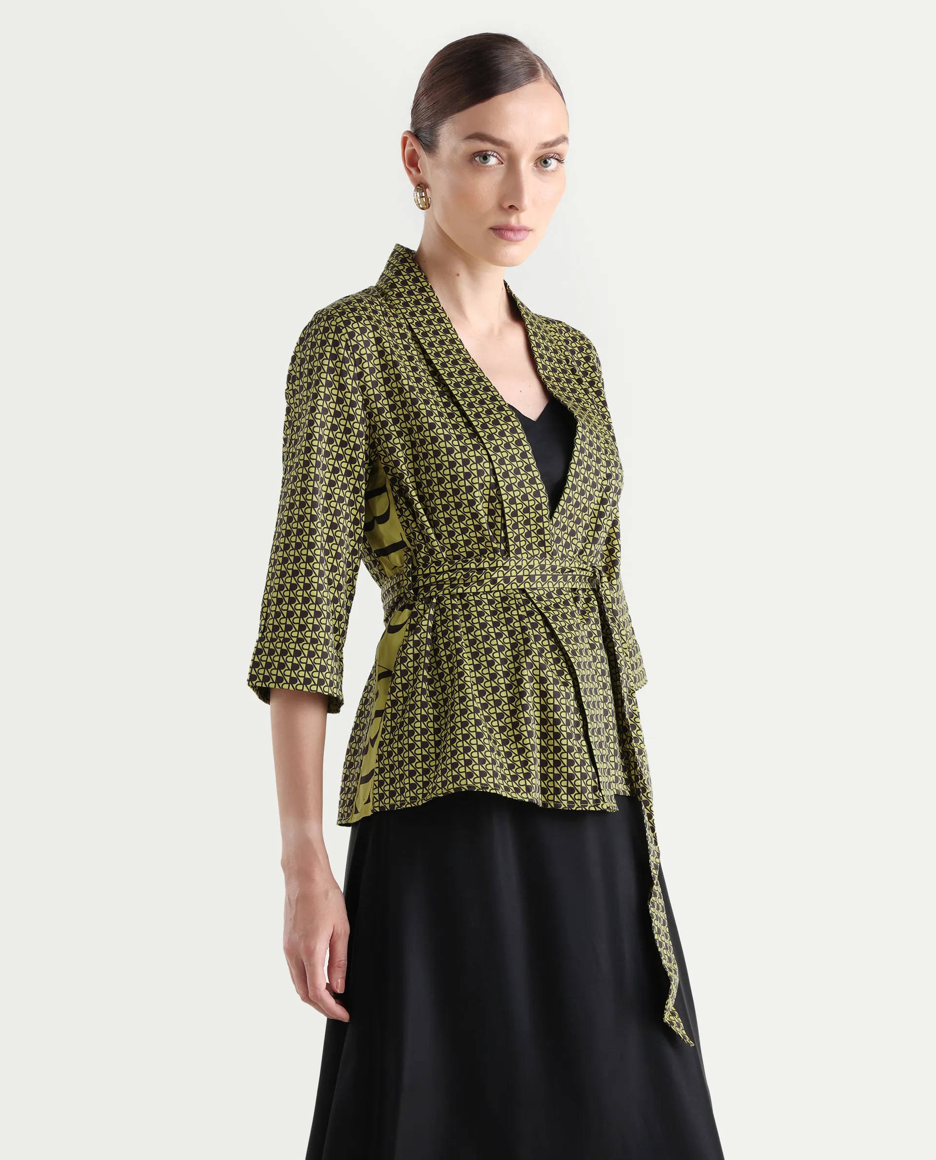 Rareism Women's Geomo-T Yellow Cotton Overlap Neck Monogram Print Regular Fit Shrug - Image 7
