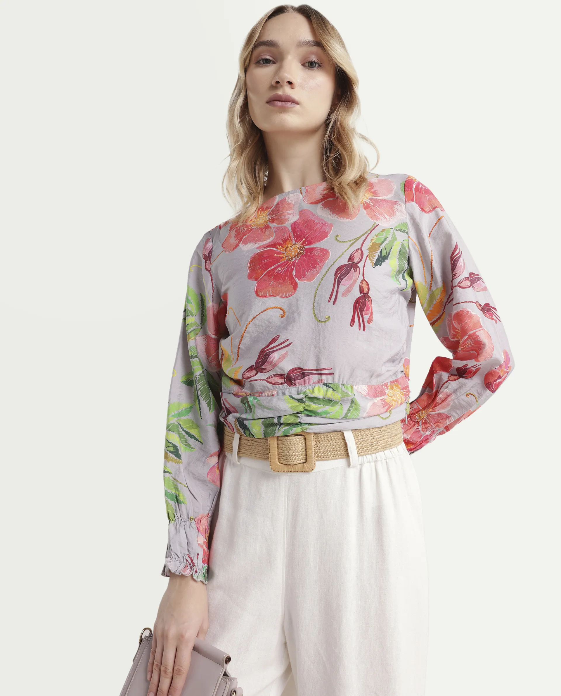 Rareism Women's Geona Multi Nylon Blend Crew Neck Floral Print Crop Regular Fit Top