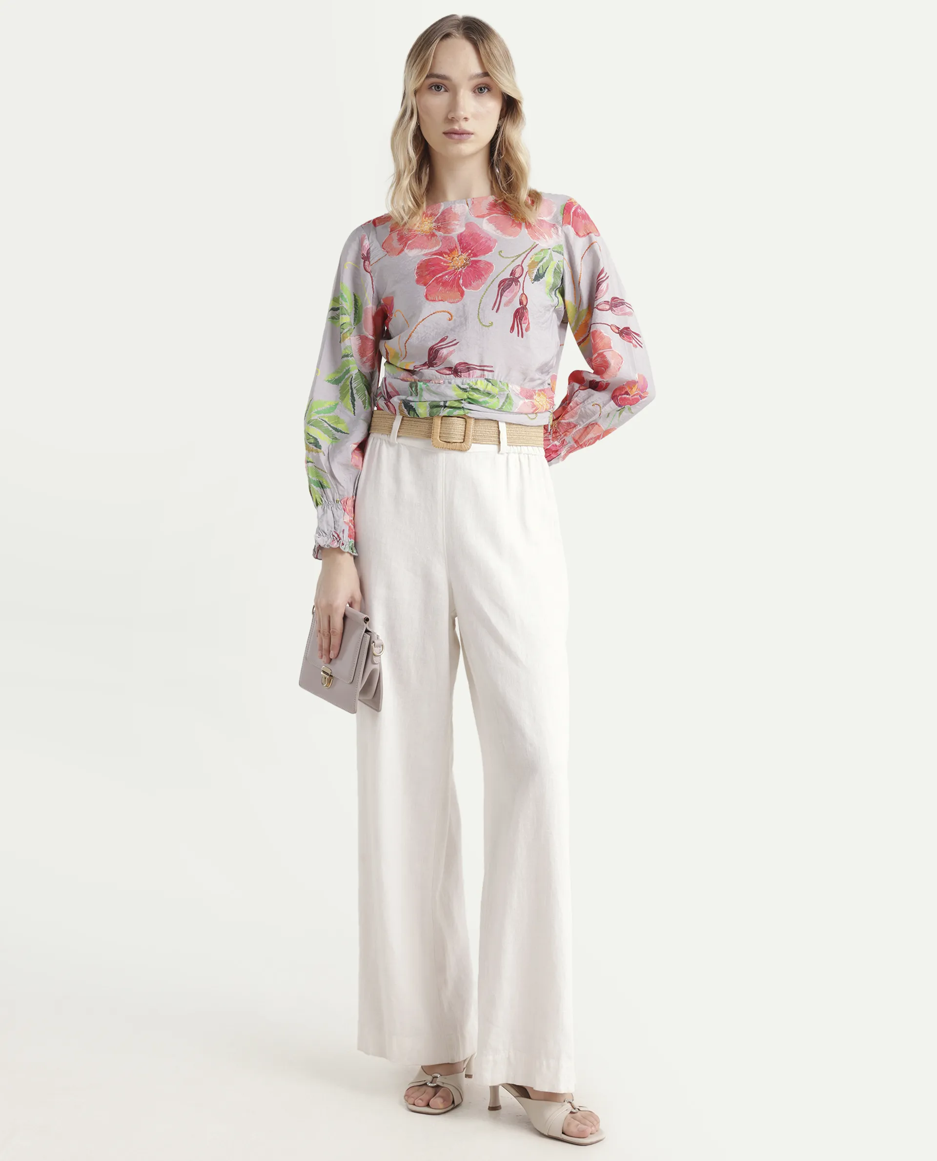 Rareism Women's Geona Multi Nylon Blend Crew Neck Floral Print Crop Regular Fit Top - Image 2