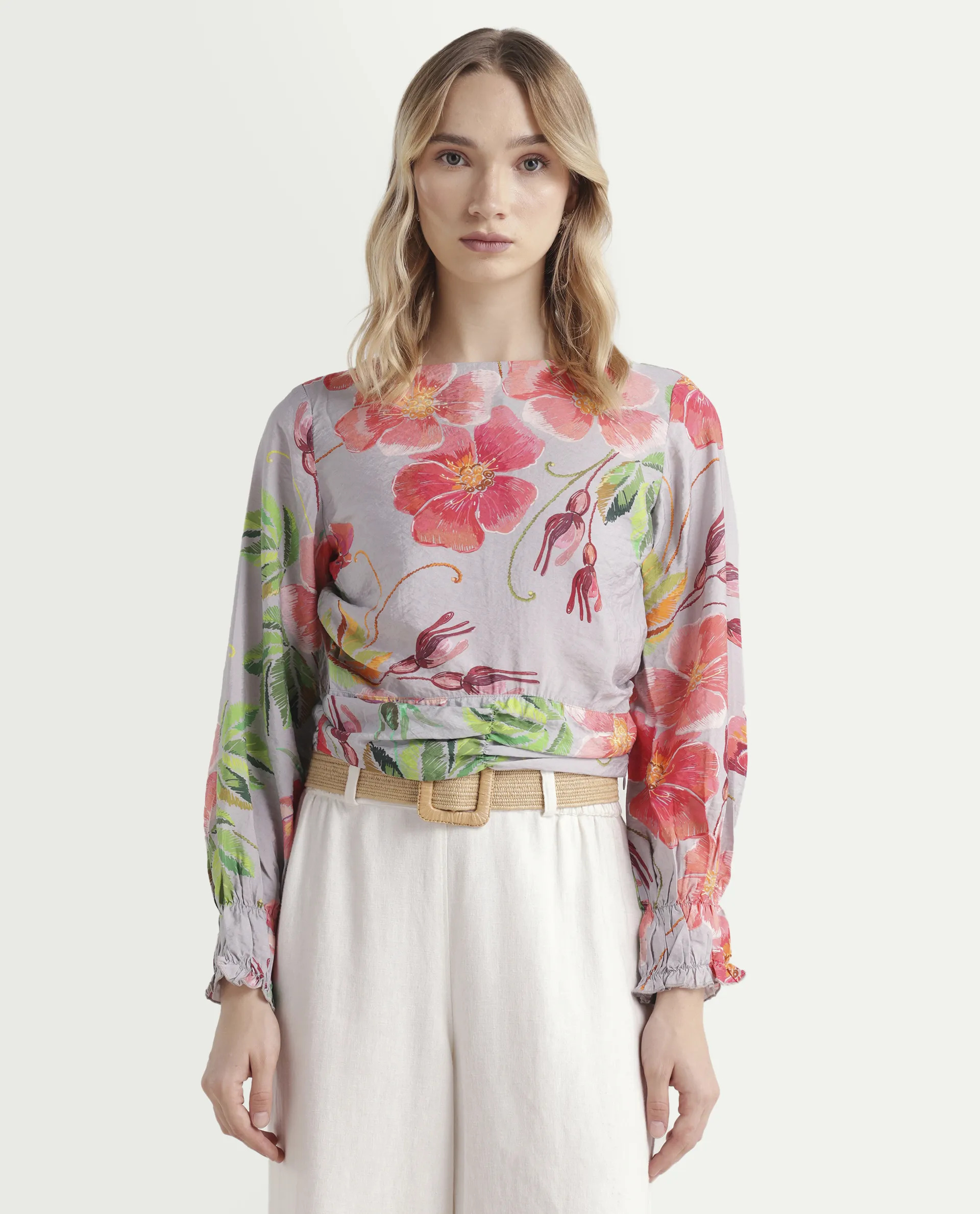 Rareism Women's Geona Multi Nylon Blend Crew Neck Floral Print Crop Regular Fit Top - Image 3