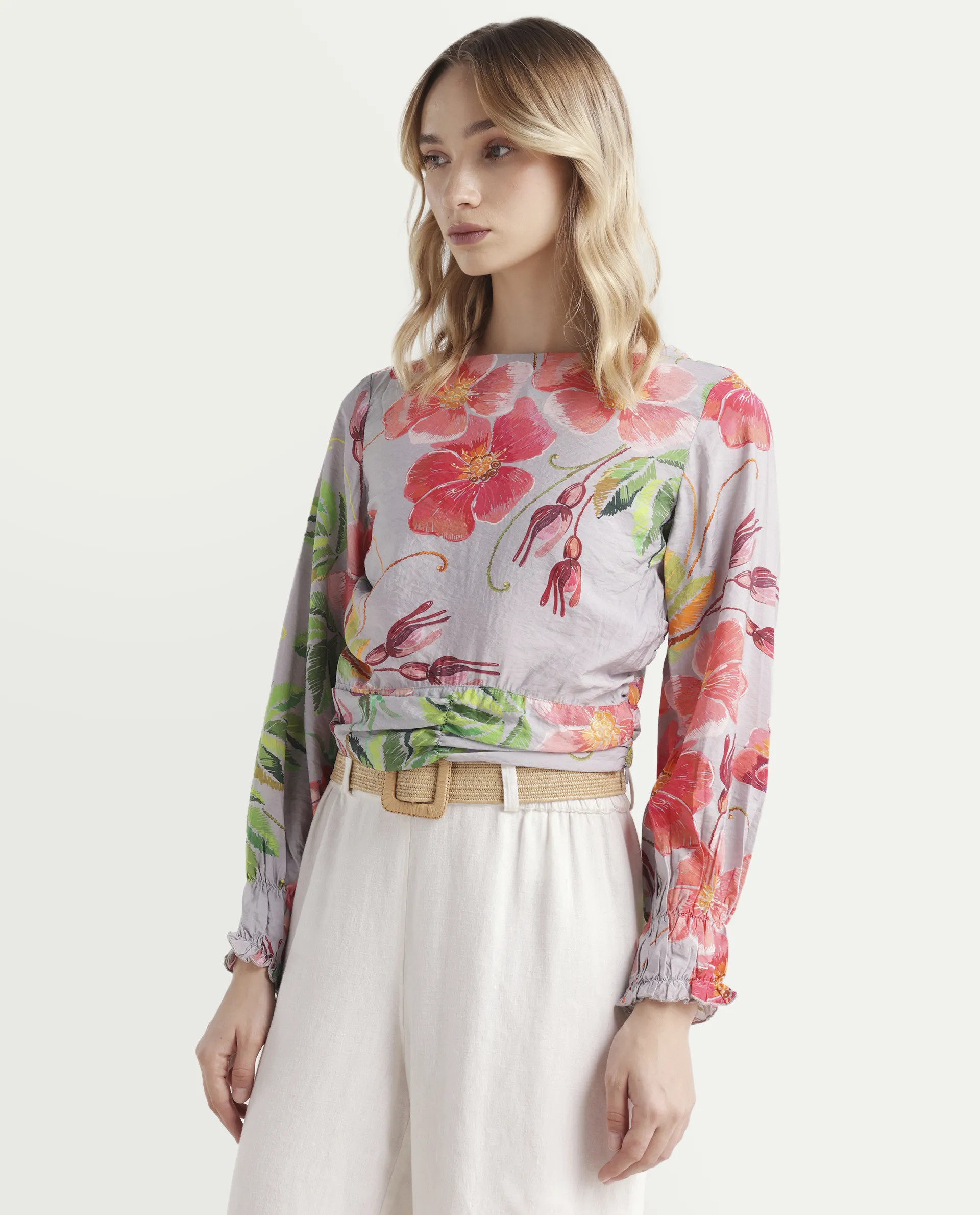 Rareism Women's Geona Multi Nylon Blend Crew Neck Floral Print Crop Regular Fit Top - Image 5