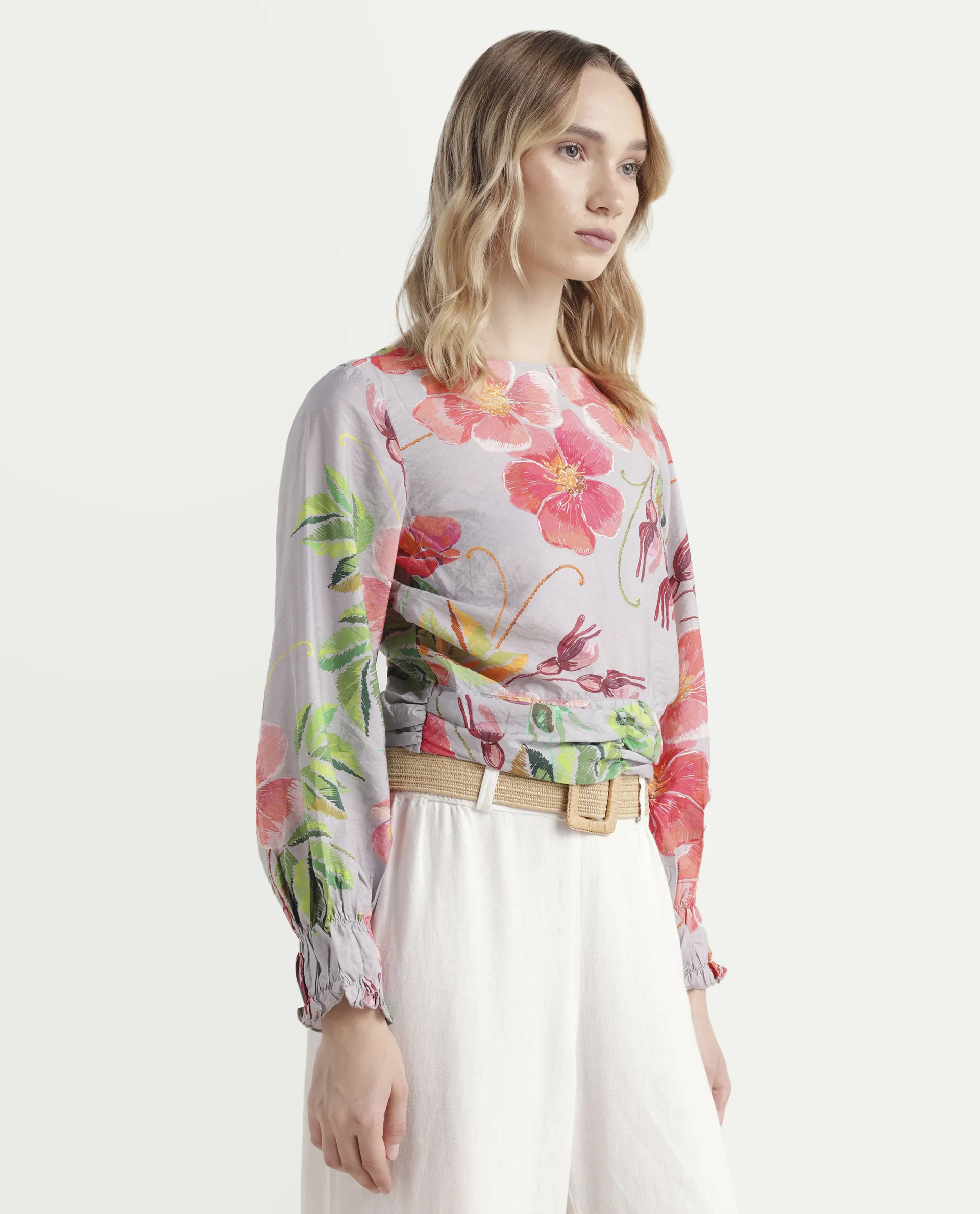 Rareism Women's Geona Multi Nylon Blend Crew Neck Floral Print Crop Regular Fit Top - Image 6
