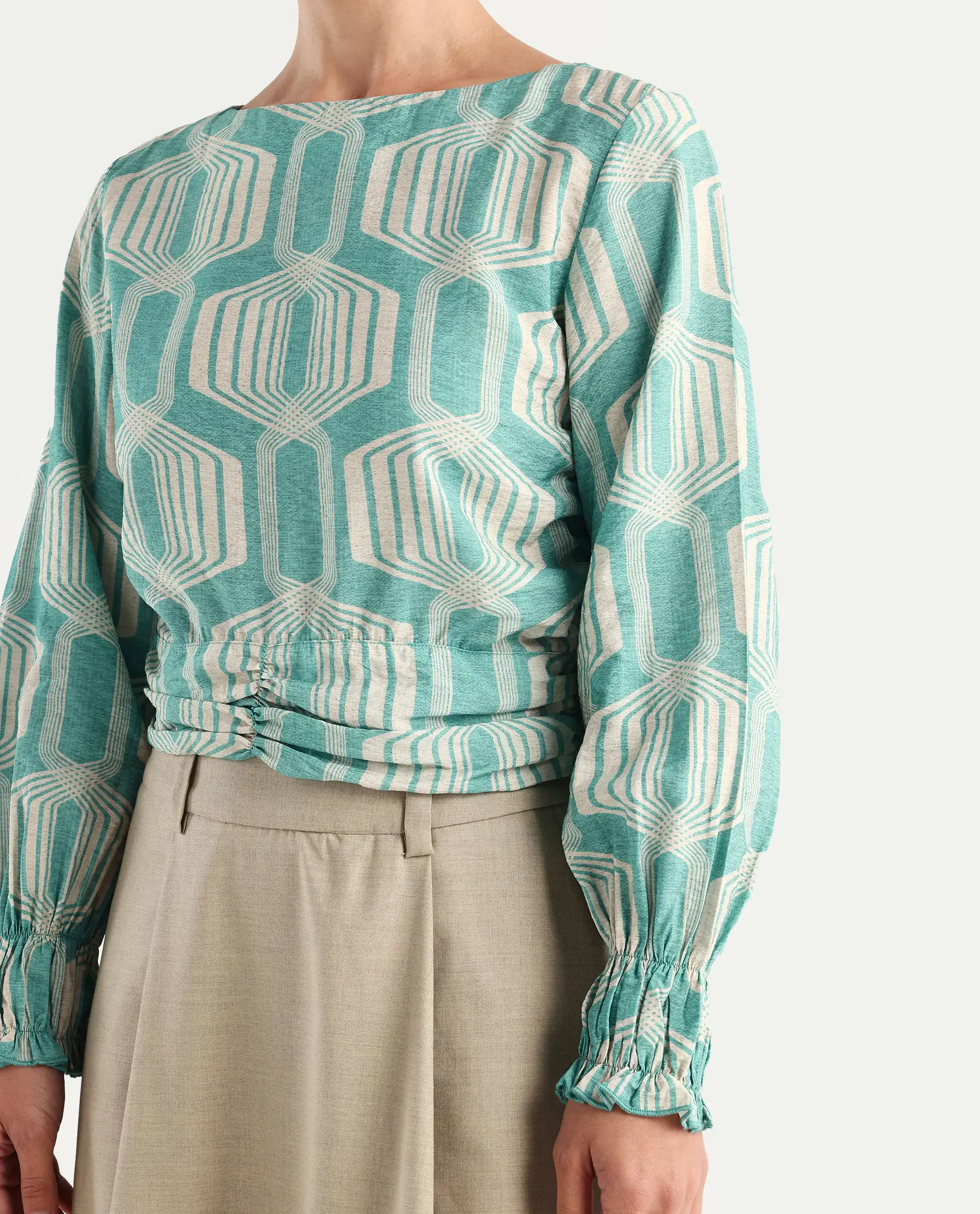 Rareism Women's Geonao Green Nylon Blend Crew Neck Geometric Print Bishop Sleeve Crop Regular Fit Top - Image 3