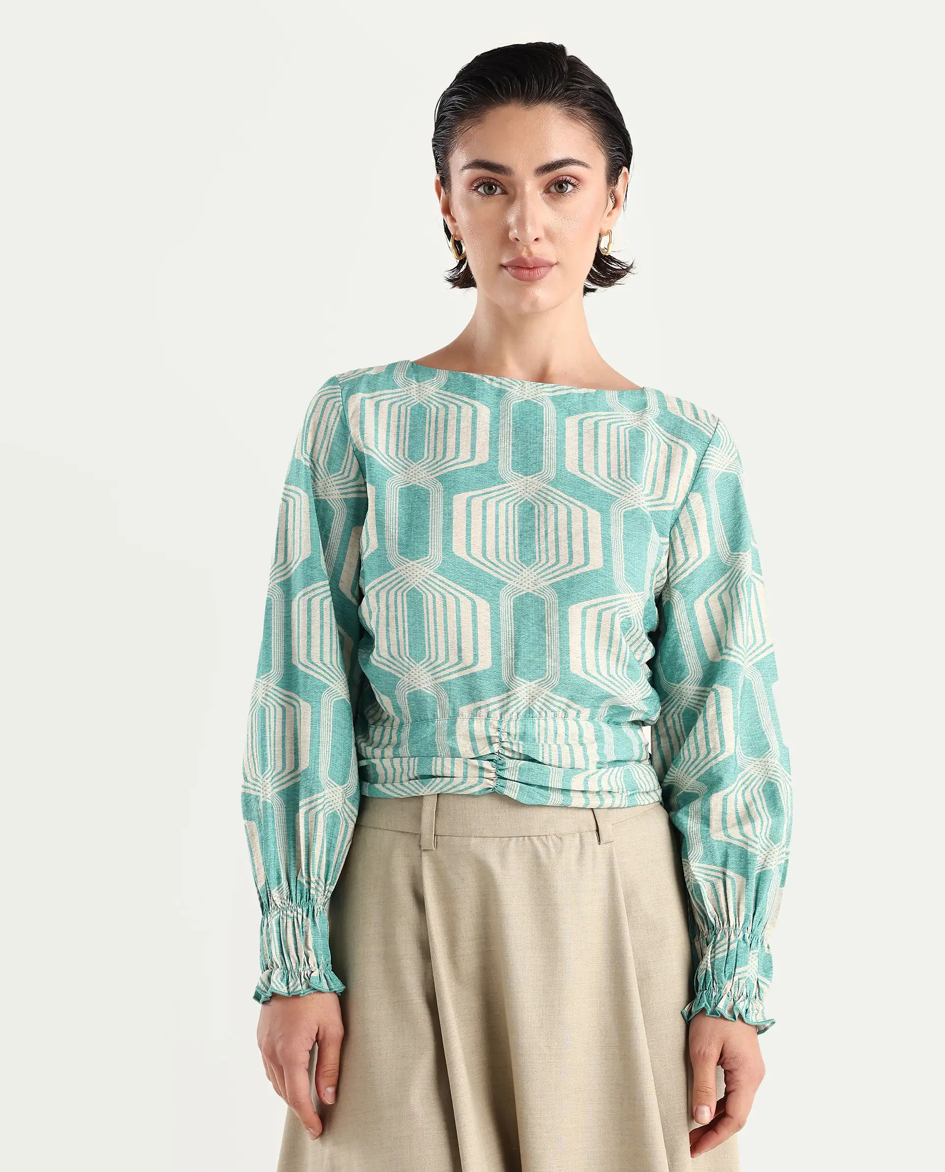 Rareism Women's Geonao Green Nylon Blend Crew Neck Geometric Print Bishop Sleeve Crop Regular Fit Top - Image 4