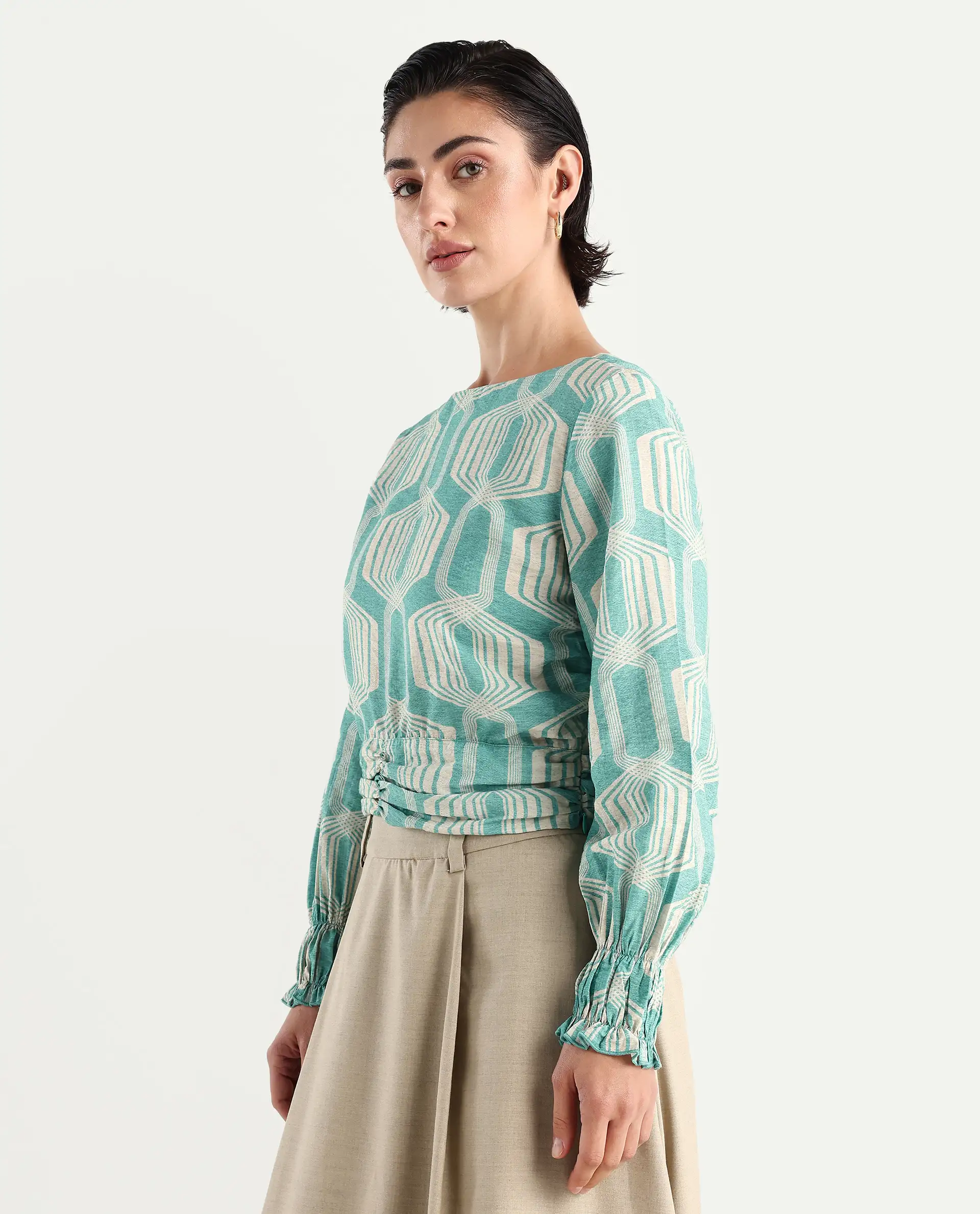 Rareism Women's Geonao Green Nylon Blend Crew Neck Geometric Print Bishop Sleeve Crop Regular Fit Top - Image 5