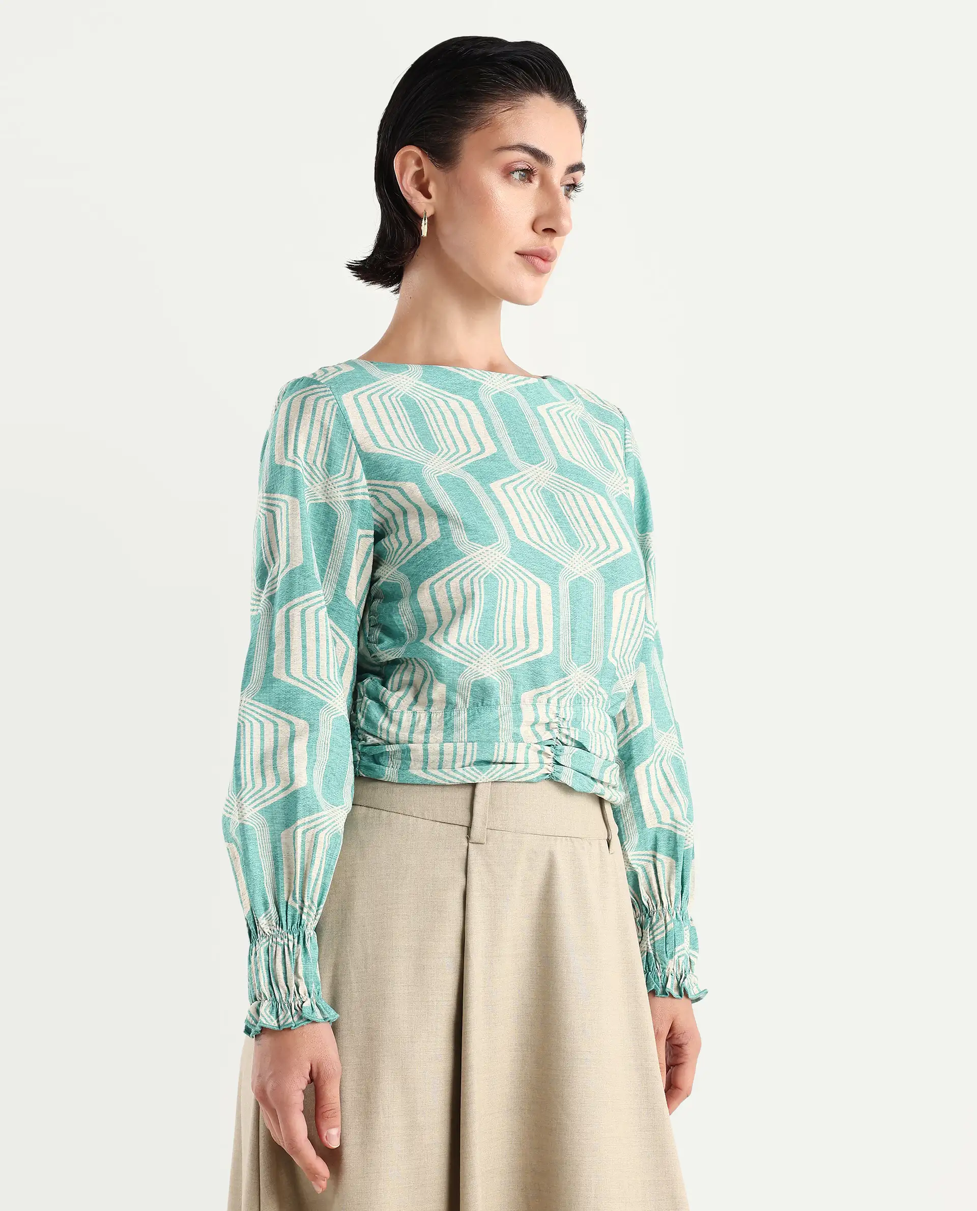 Rareism Women's Geonao Green Nylon Blend Crew Neck Geometric Print Bishop Sleeve Crop Regular Fit Top - Image 6