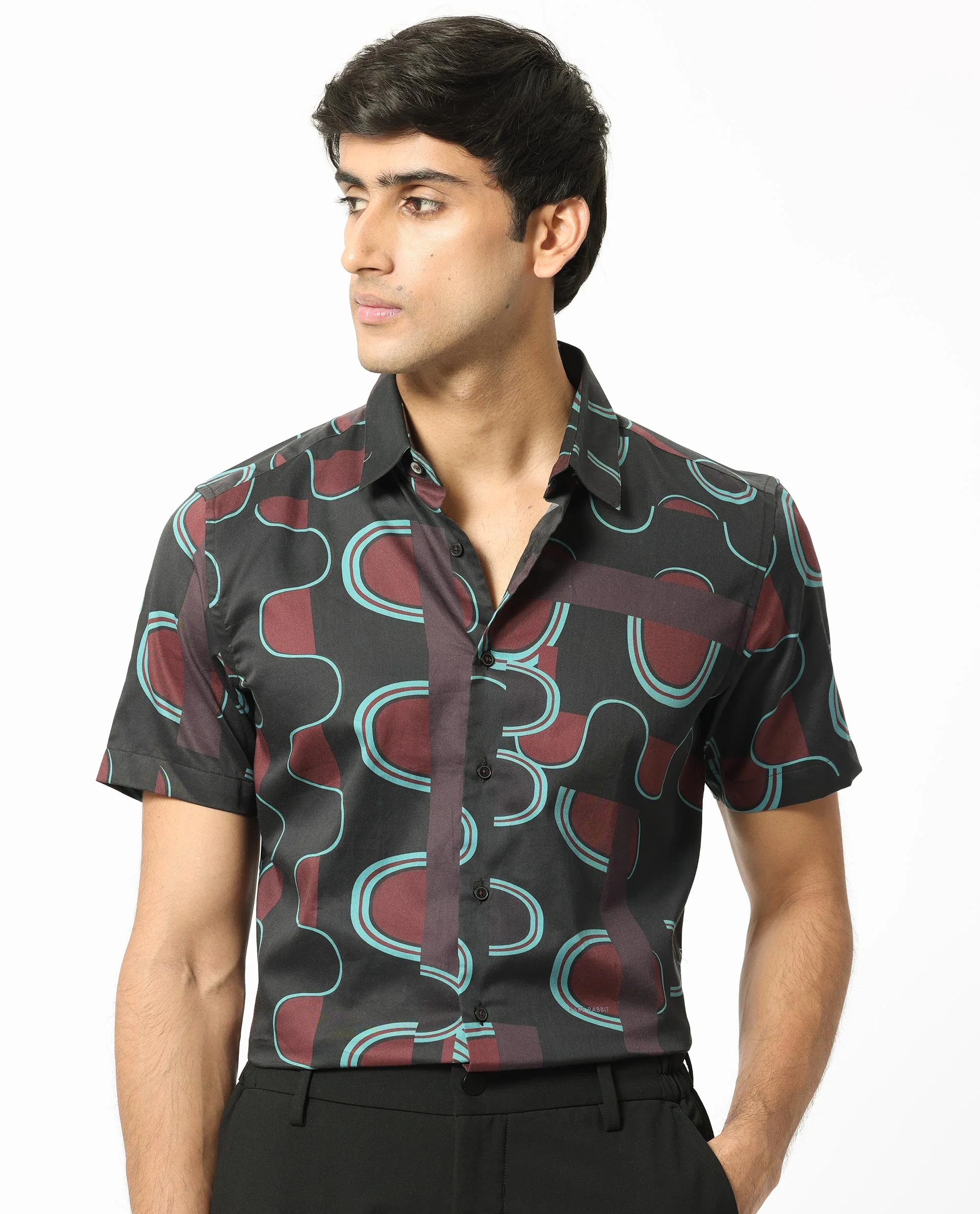 Rare Rabbit Men's Geo Brown Modal Geometric Print Regular Fit Half Sleeve Collared Shirt