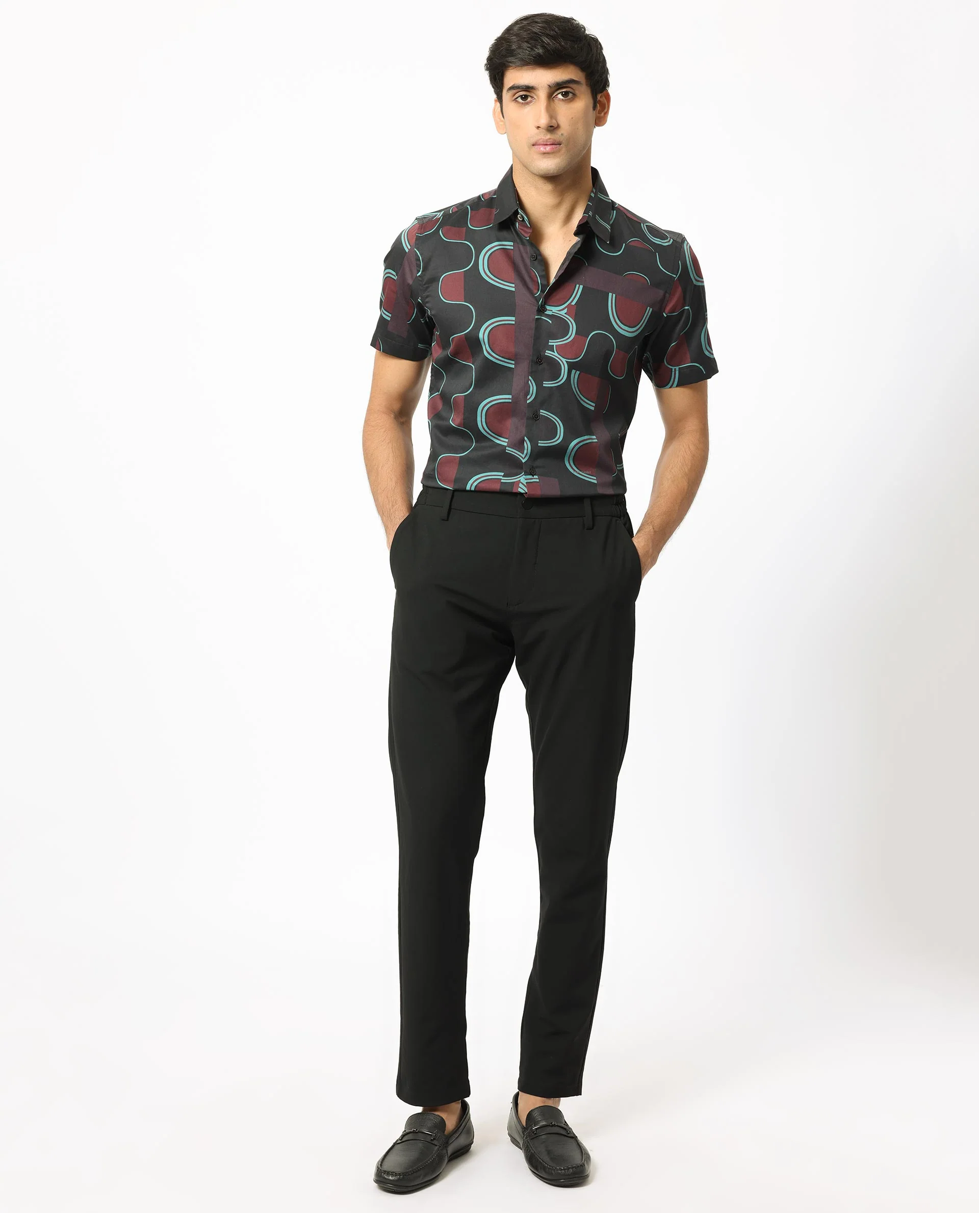 Rare Rabbit Men's Geo Brown Modal Geometric Print Regular Fit Half Sleeve Collared Shirt - Image 2