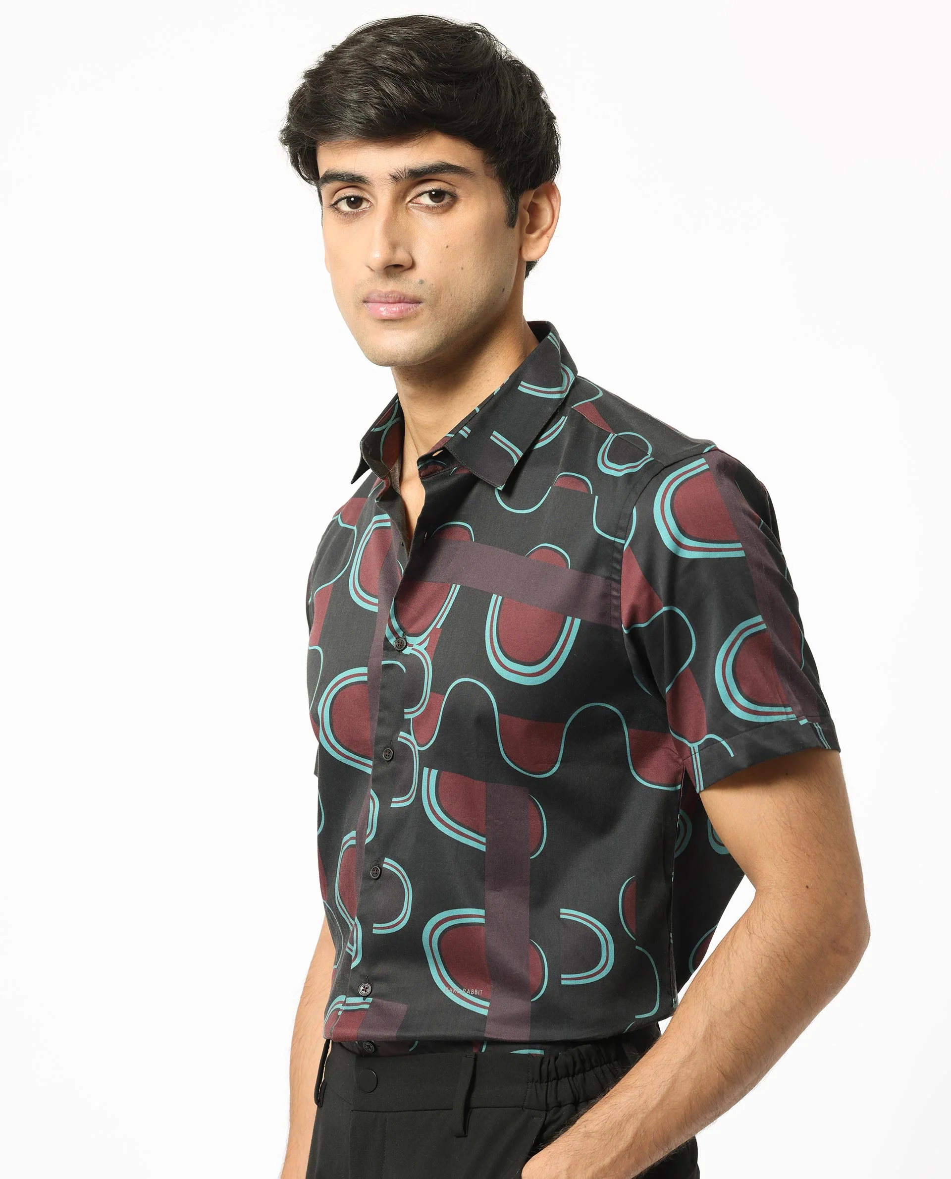 Rare Rabbit Men's Geo Brown Modal Geometric Print Regular Fit Half Sleeve Collared Shirt - Image 3